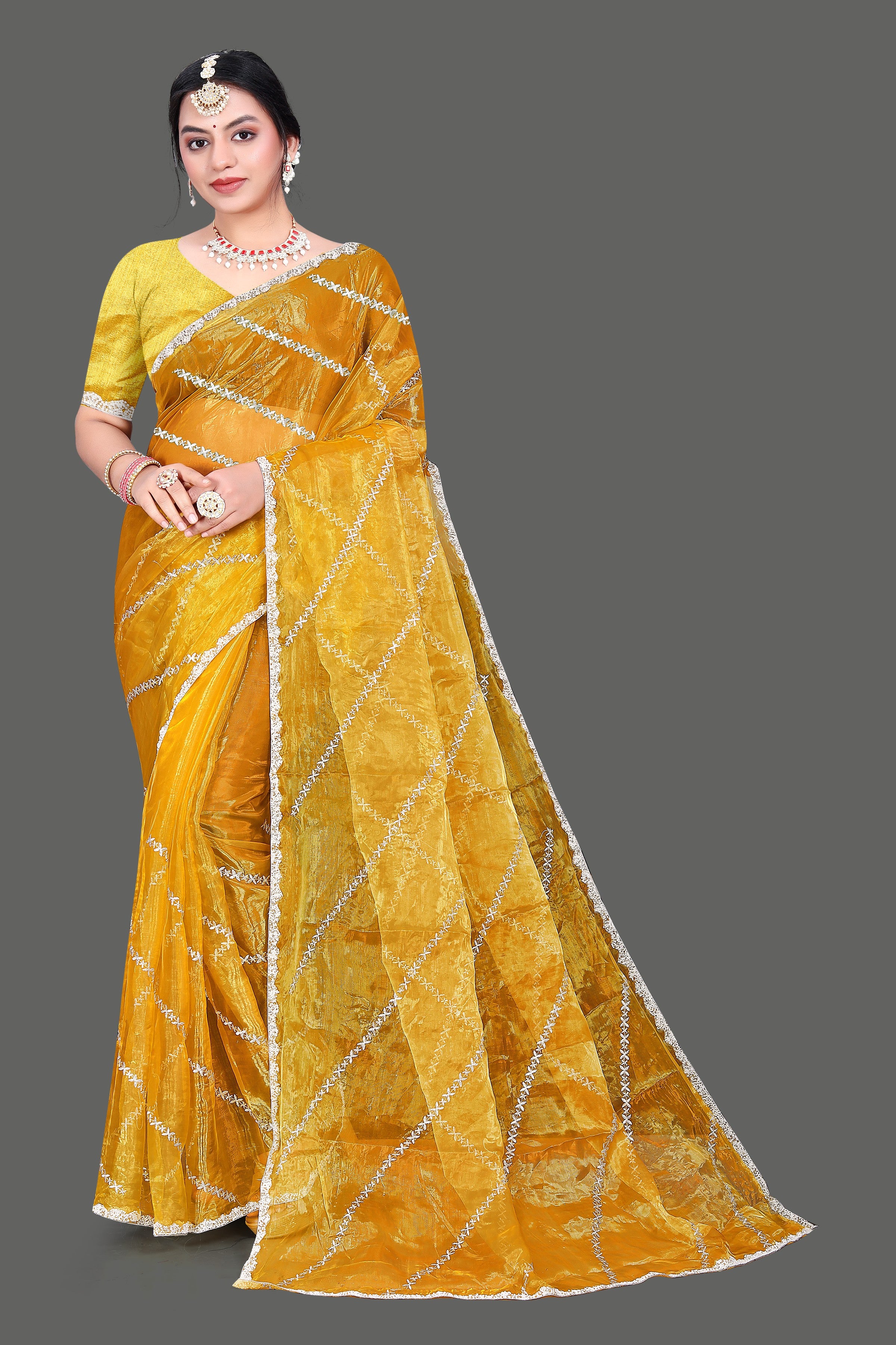 Jimmy Choo Saree with Embroidery Work & Moti Beads Lace Border | Lavender Grey