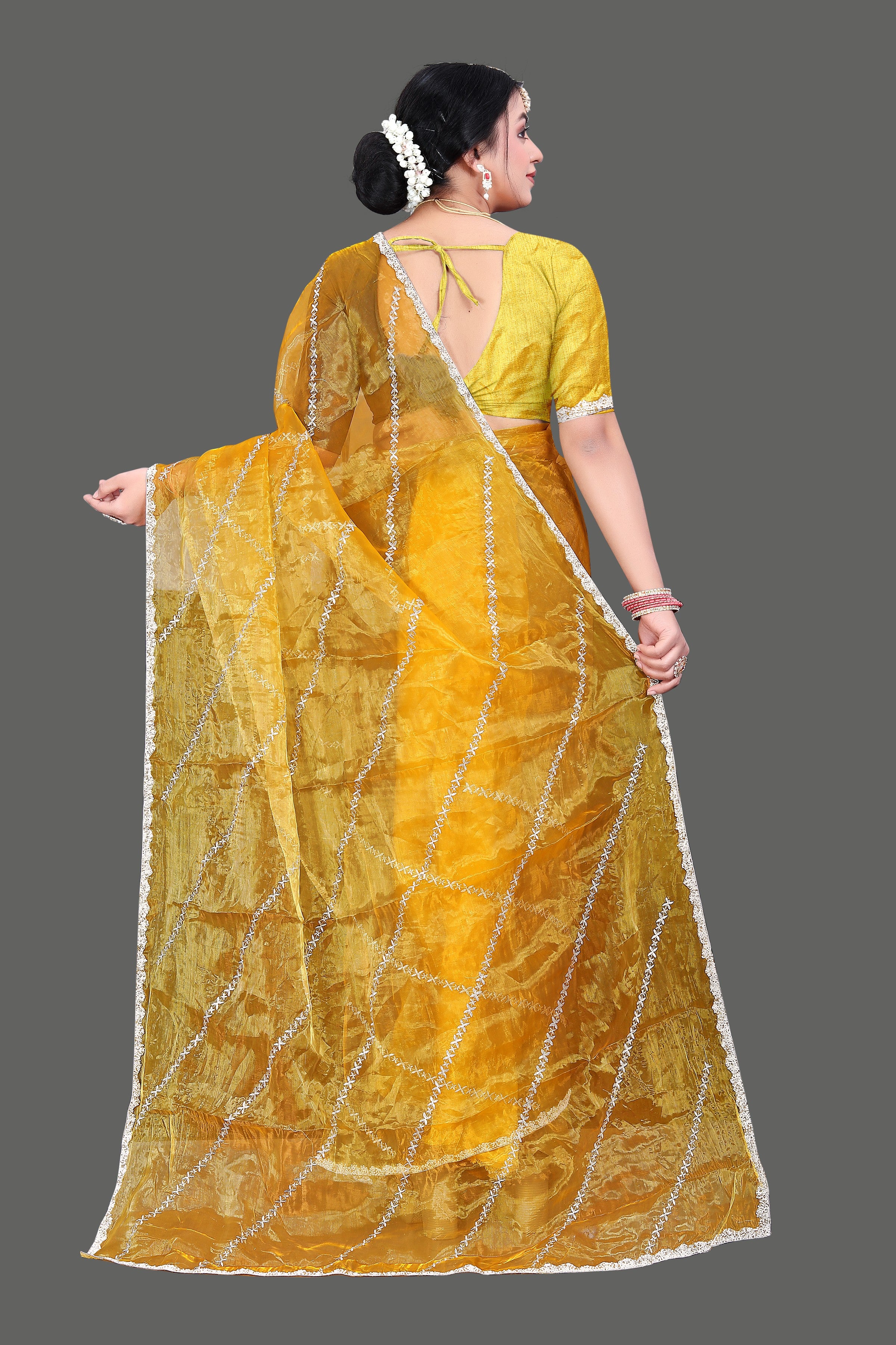 Jimmy Choo Saree with Embroidery Work & Moti Beads Lace Border | Mustard Yellow