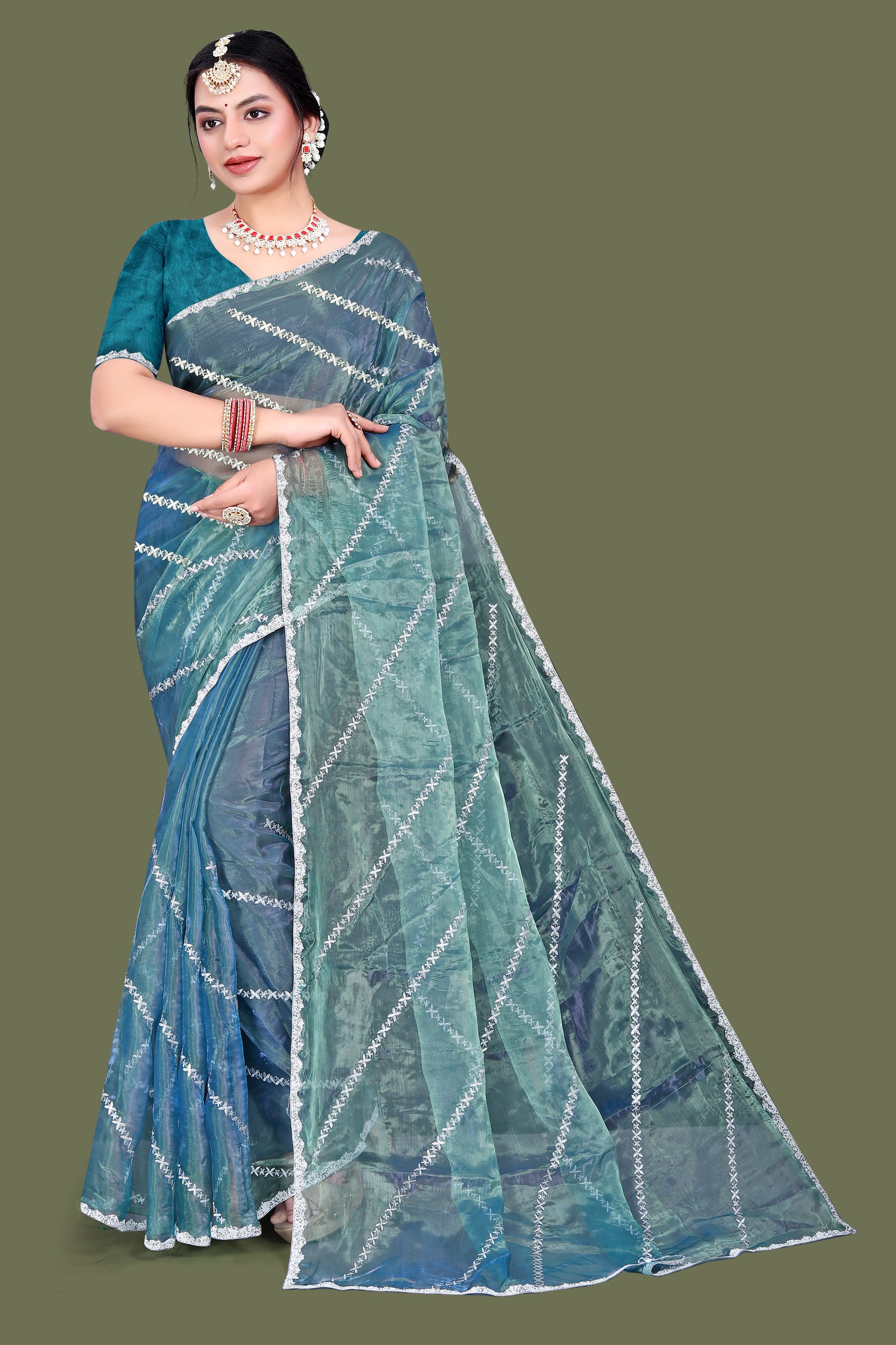 Jimmy Choo Saree with Embroidery Work & Moti Beads Lace Border | Aqua Teal