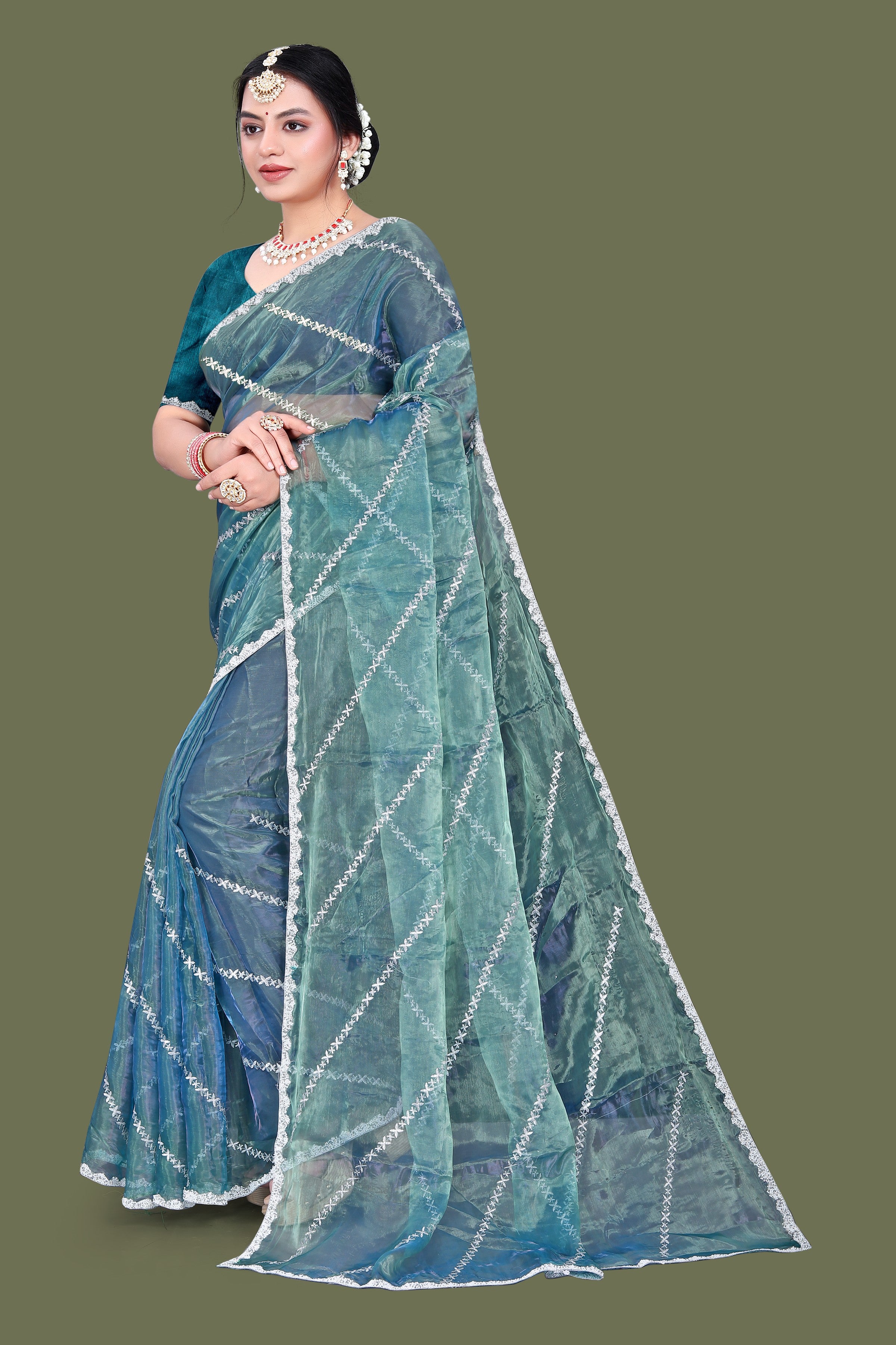 Jimmy Choo Saree with Embroidery Work & Moti Beads Lace Border | Aqua Teal