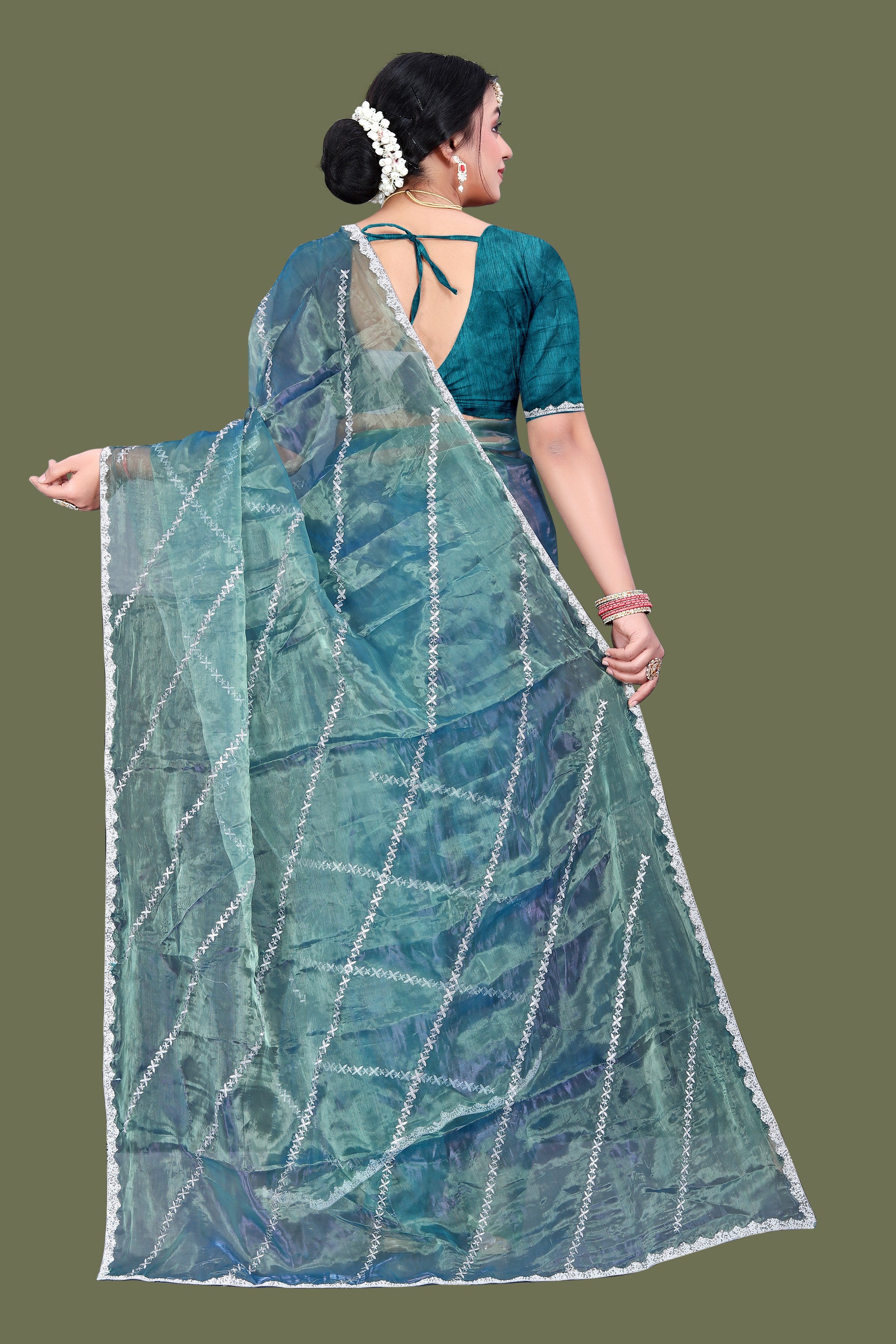 Jimmy Choo Saree with Embroidery Work & Moti Beads Lace Border | Aqua Teal