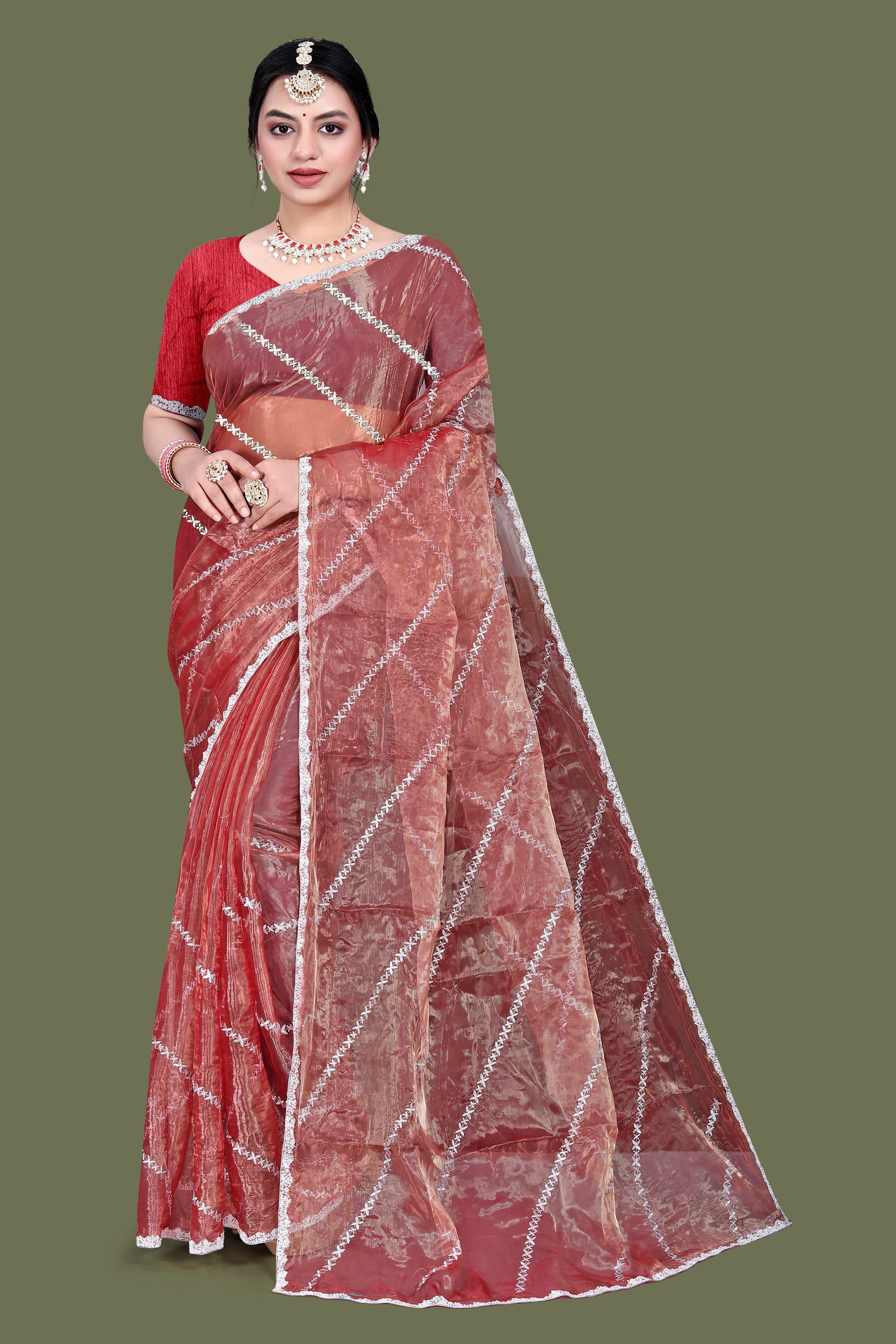 Jimmy Choo Saree with Embroidery Work & Moti Beads Lace Border | Rose Brown