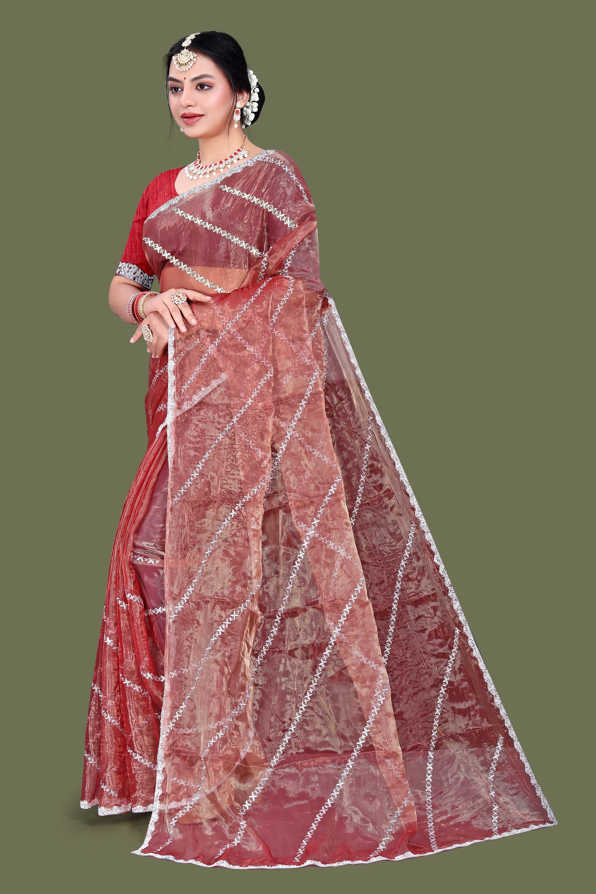 Jimmy Choo Saree with Embroidery Work & Moti Beads Lace Border | Rose Brown