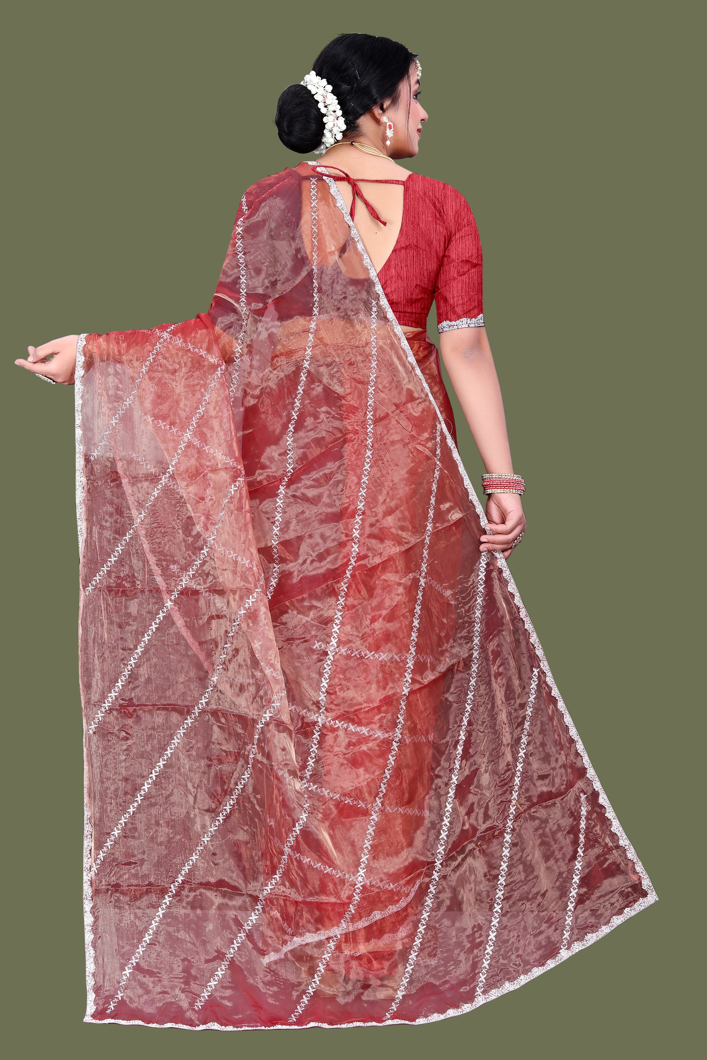 Jimmy Choo Saree with Embroidery Work & Moti Beads Lace Border | Rose Brown