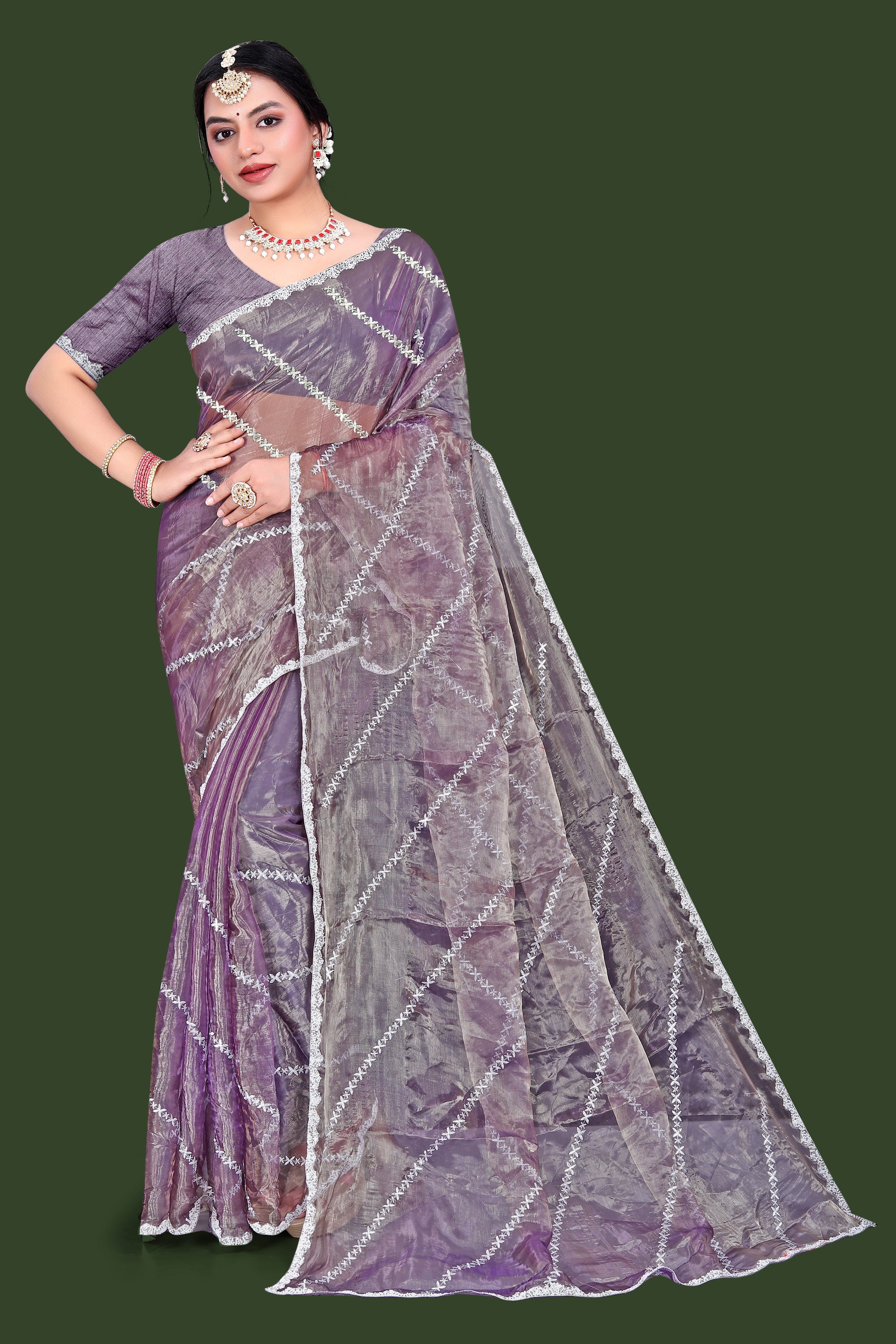 Jimmy Choo Saree with Embroidery Work & Moti Beads Lace Border | Lavender Grey