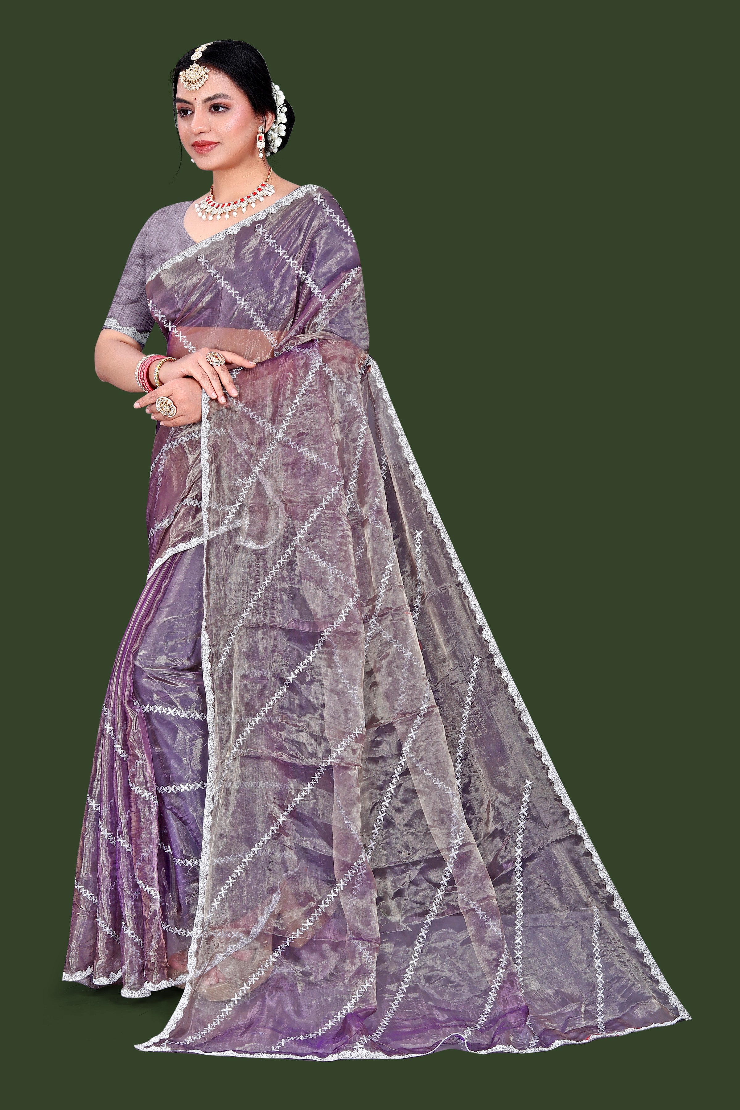 Jimmy Choo Saree with Embroidery Work & Moti Beads Lace Border | Lavender Grey