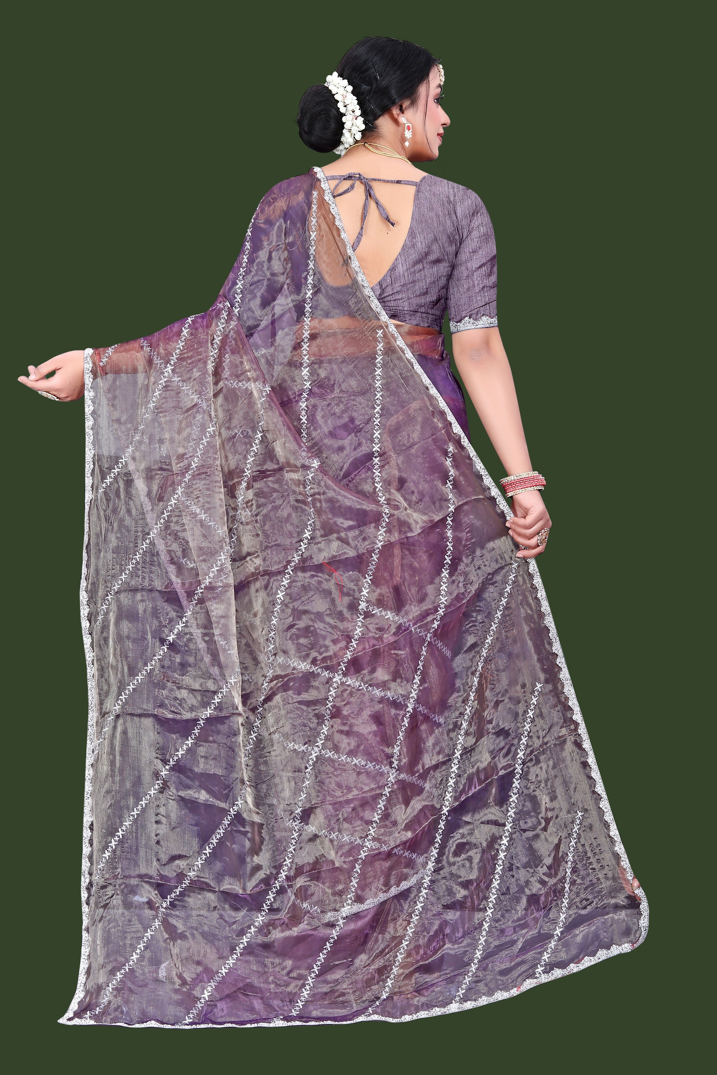 Jimmy Choo Saree with Embroidery Work & Moti Beads Lace Border | Lavender Grey