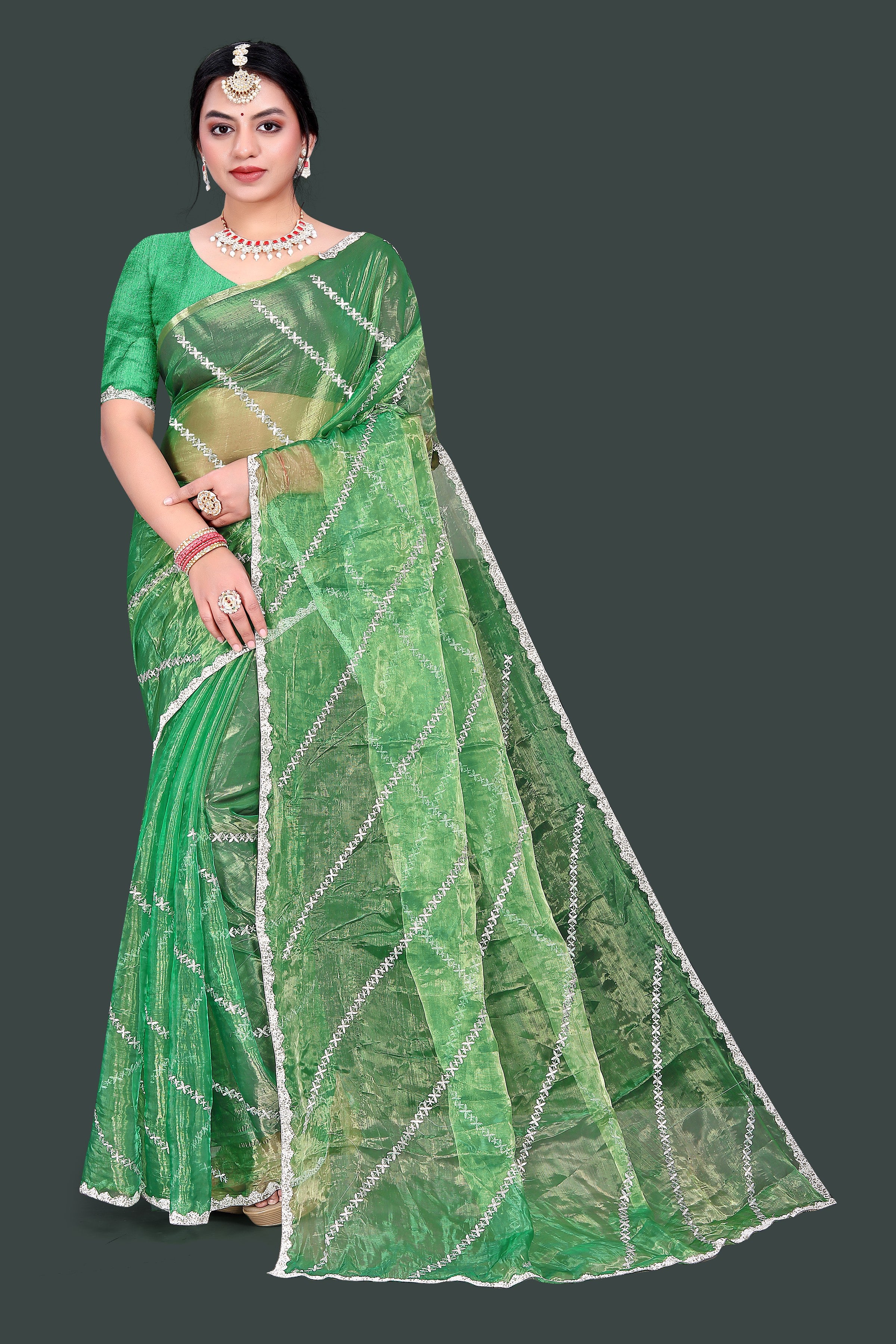Jimmy Choo Saree with Embroidery Work & Moti Beads Lace Border | Pista Green