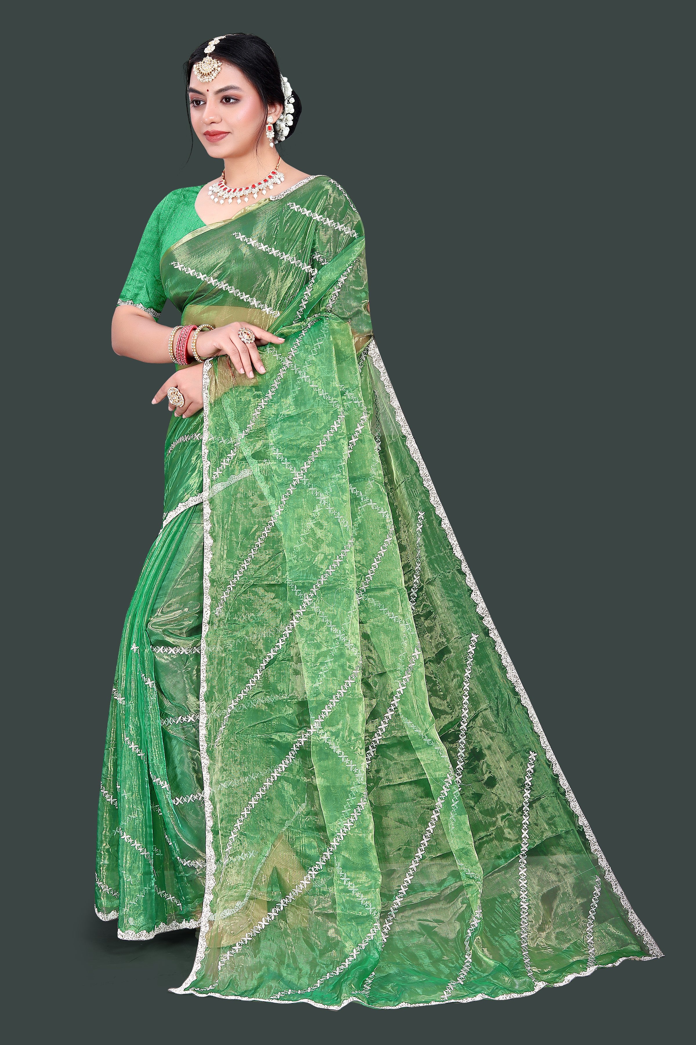 Jimmy Choo Saree with Embroidery Work & Moti Beads Lace Border | Pista Green