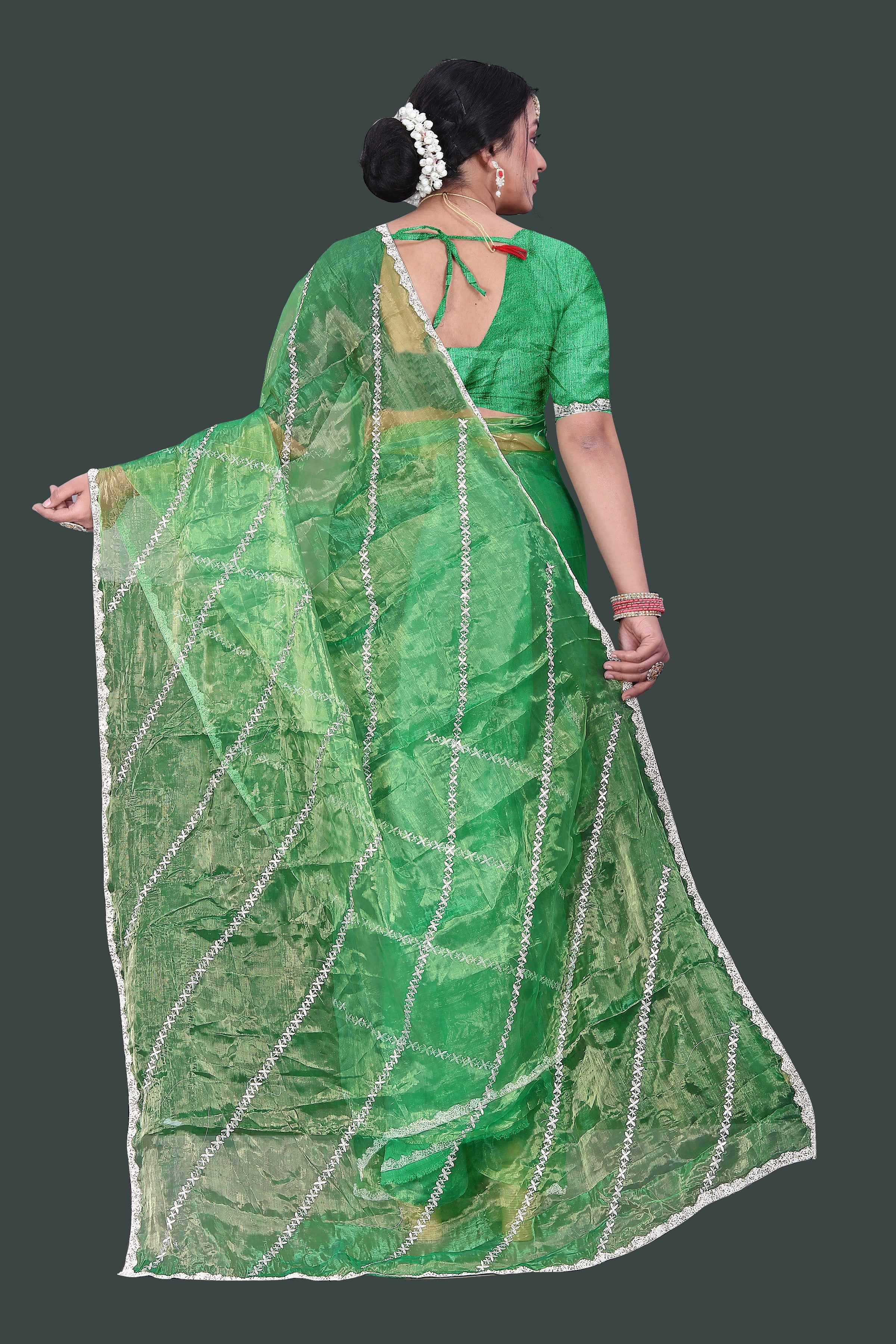 Jimmy Choo Saree with Embroidery Work & Moti Beads Lace Border | Pista Green