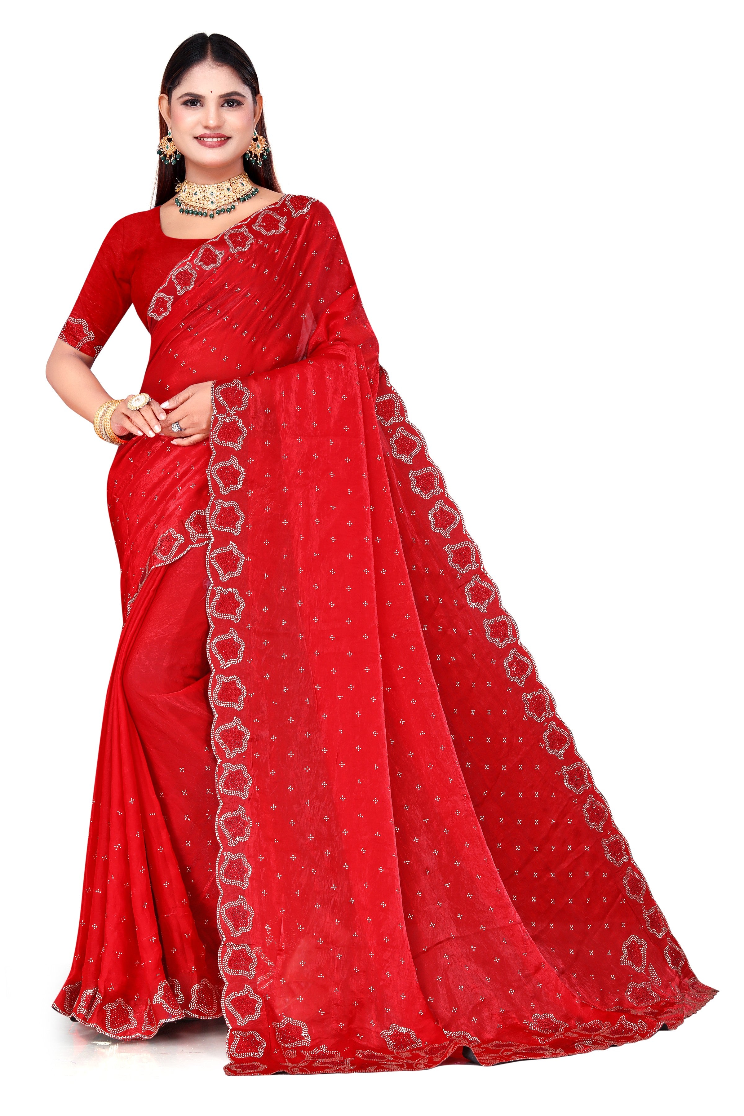 Maroon Fenddy Satin Silk Saree with Jarkan Work – Designer Party Wear Saree