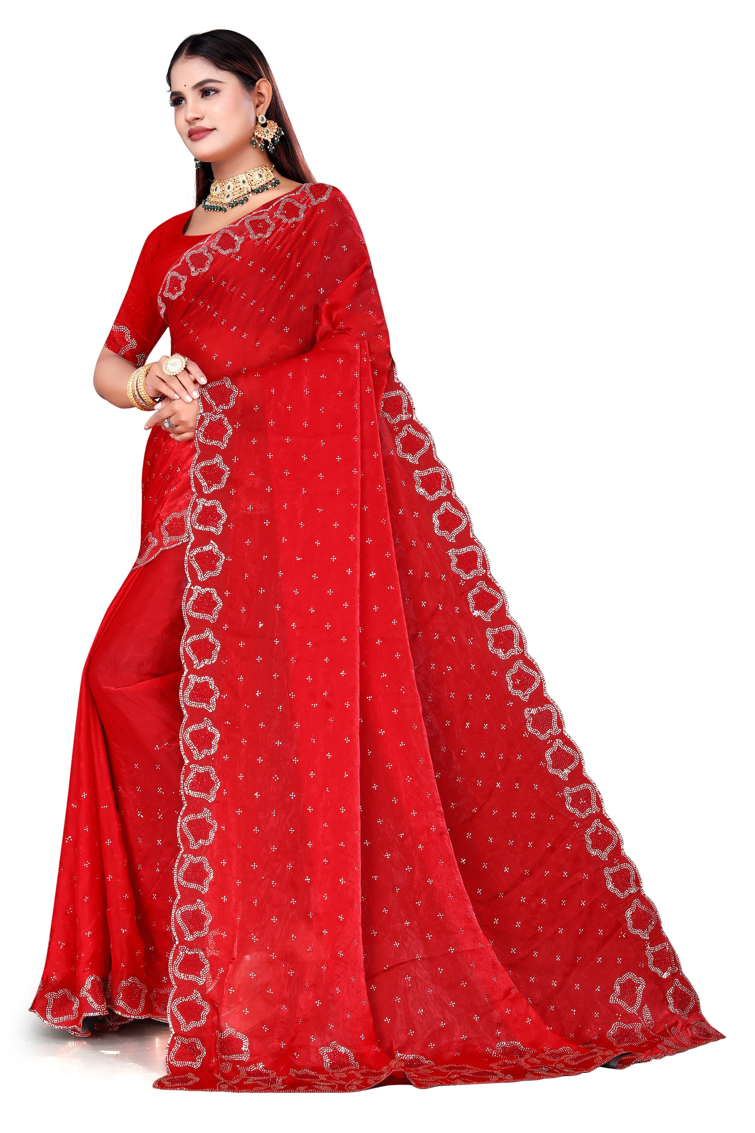 Bright Red Fenddy Satin Silk Saree with Jarkan Work – Designer Party Wear Saree
