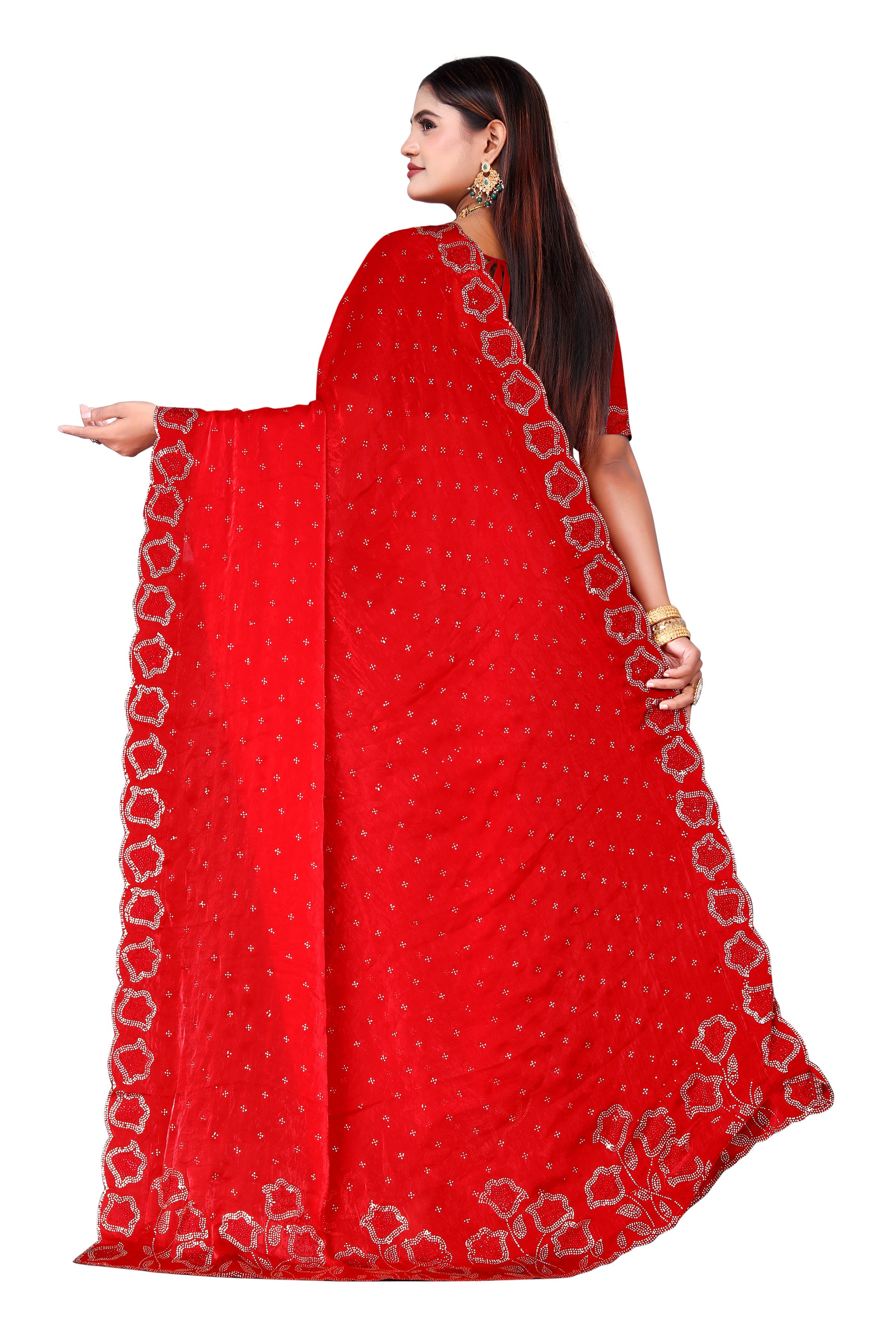 Bright Red Fenddy Satin Silk Saree with Jarkan Work – Designer Party Wear Saree