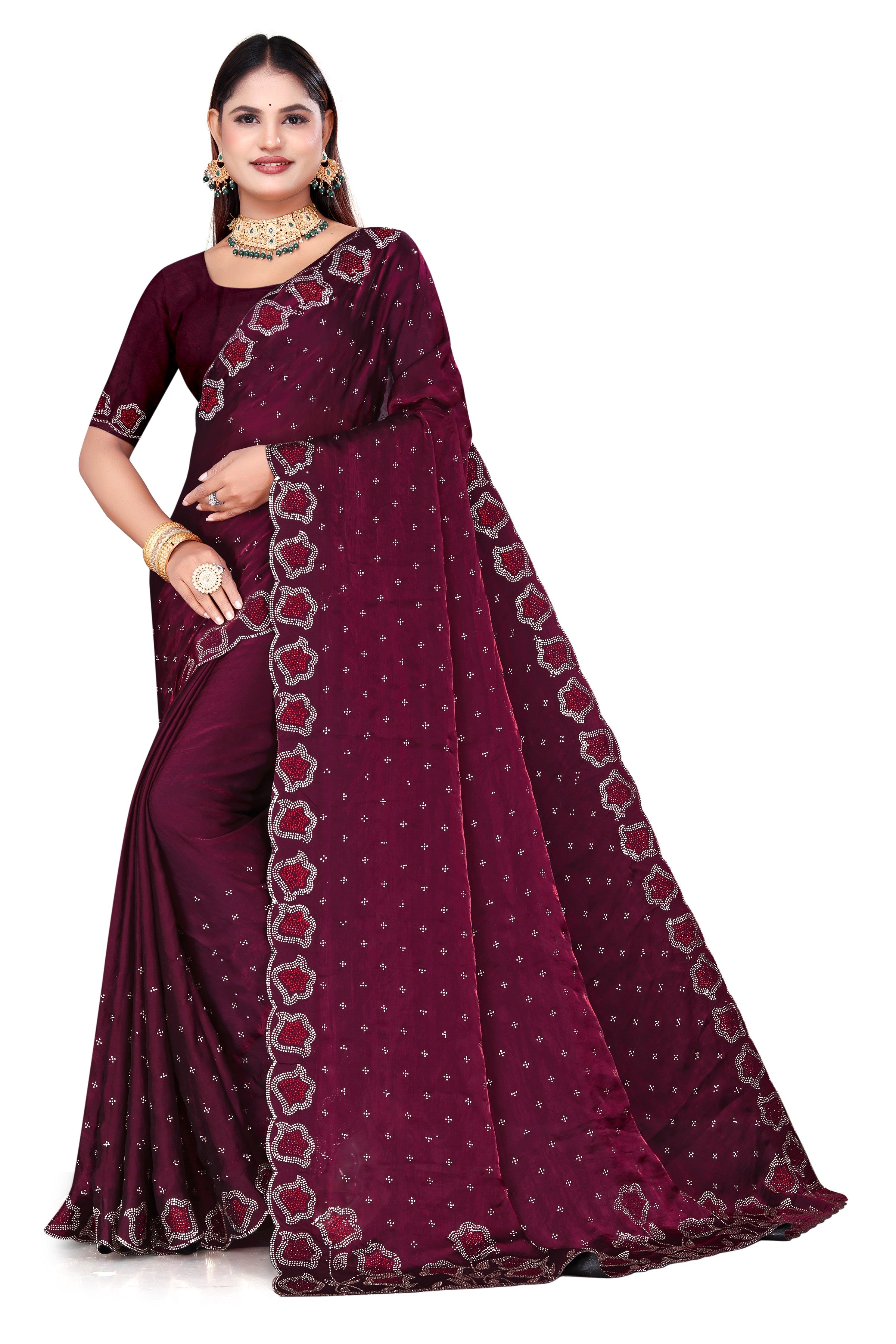 fenddy-satin-silk-saree-jarkan-work-wine-Ruby Red