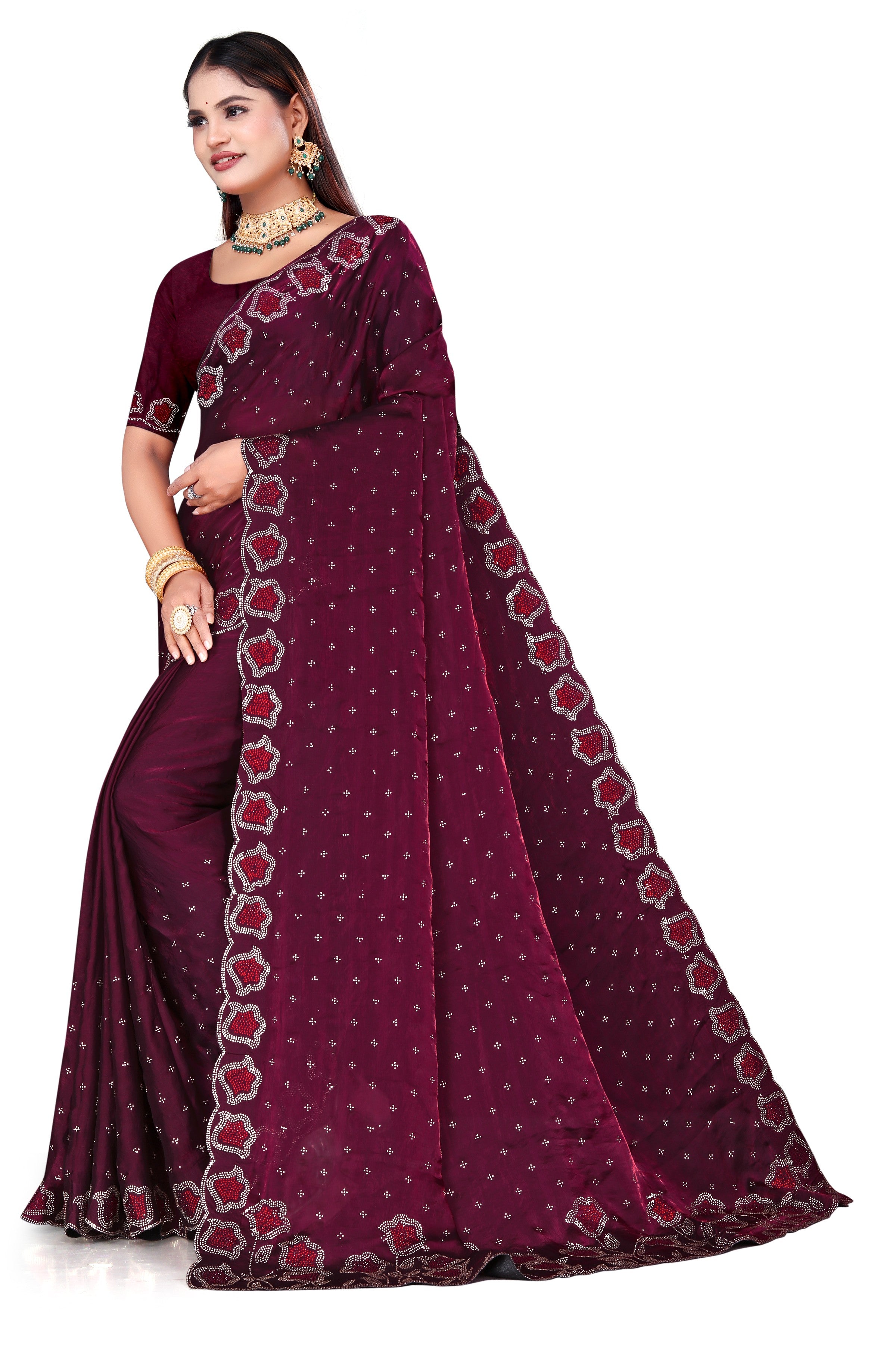Maroon Fenddy Satin Silk Saree with Jarkan Work – Designer Party Wear Saree