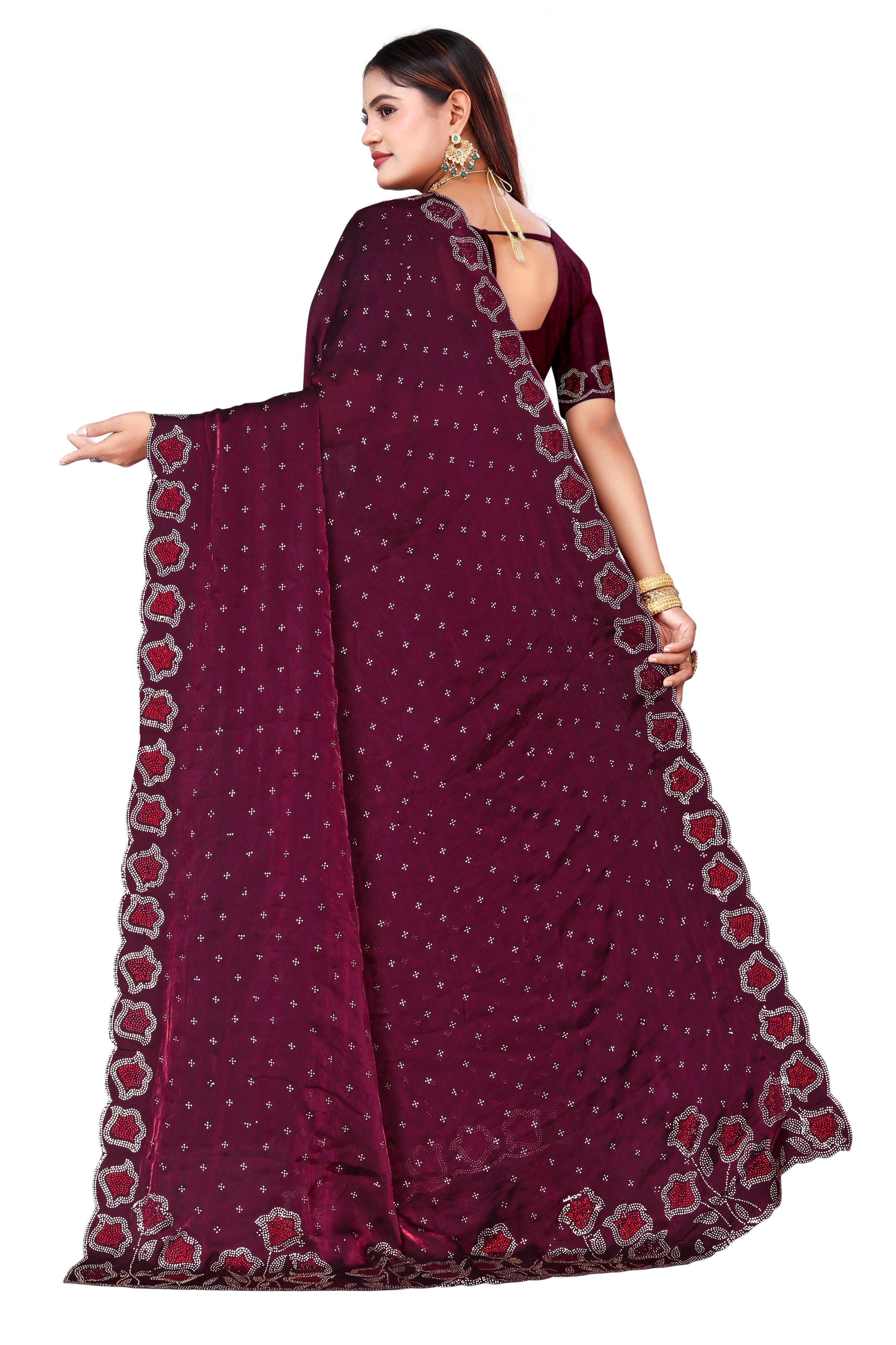Maroon Fenddy Satin Silk Saree with Jarkan Work – Designer Party Wear Saree