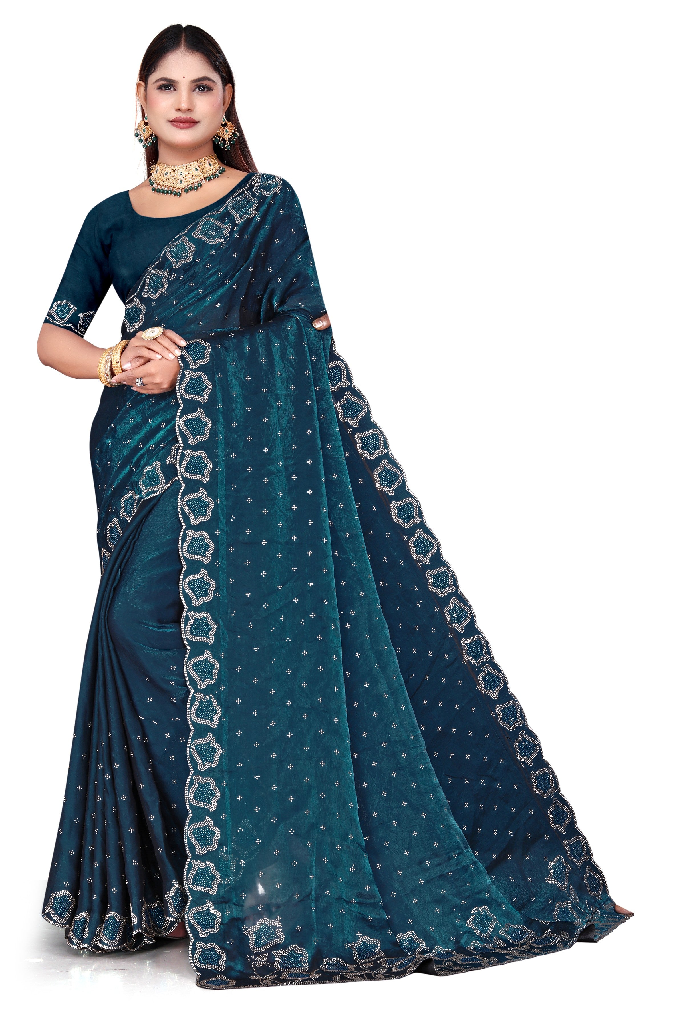 fenddy-satin-silk-saree-jarkan-work-Peacock Green