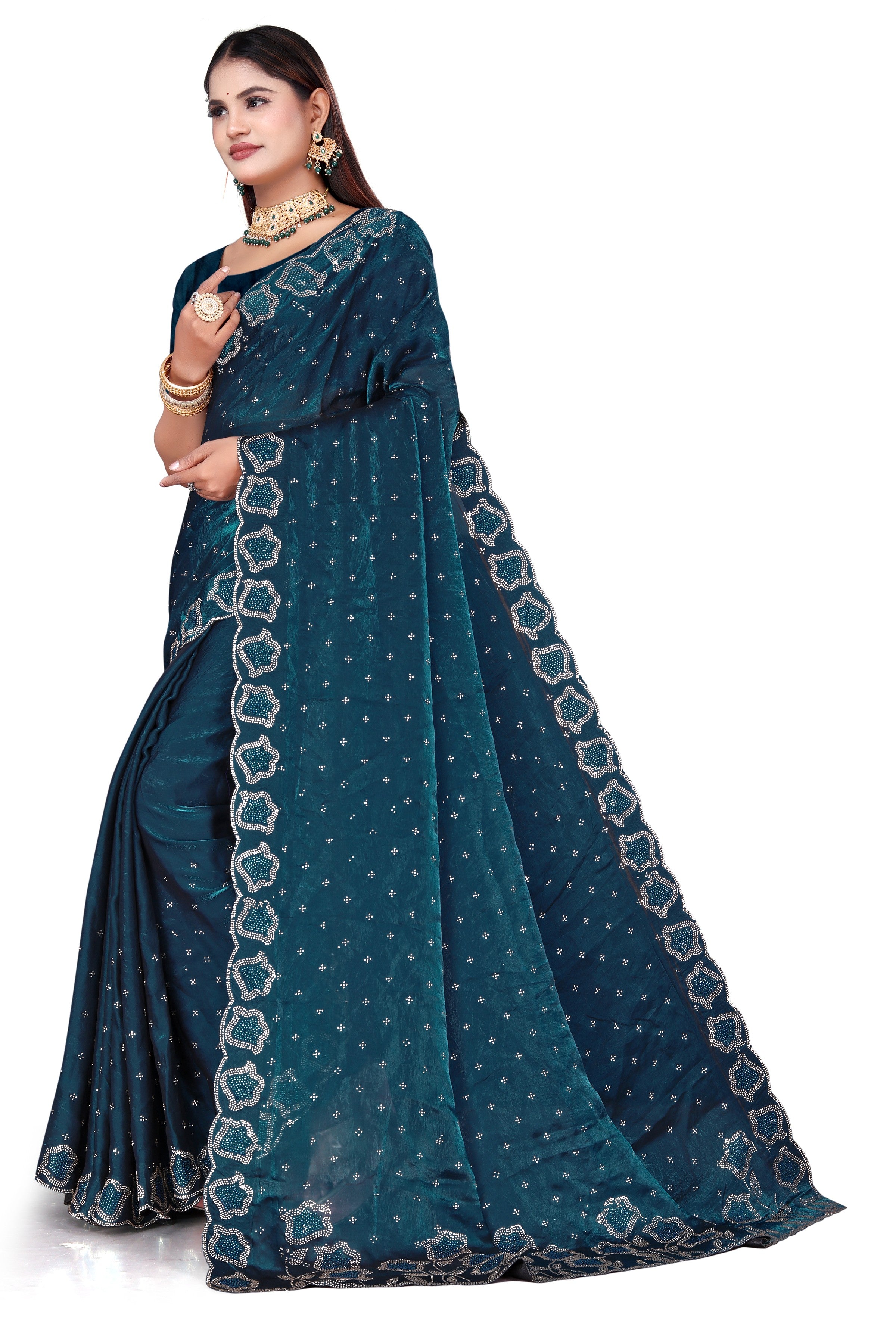 Dark Teal Blue Fenddy Satin Silk Saree with Jarkan Work – Designer Party Wear Saree