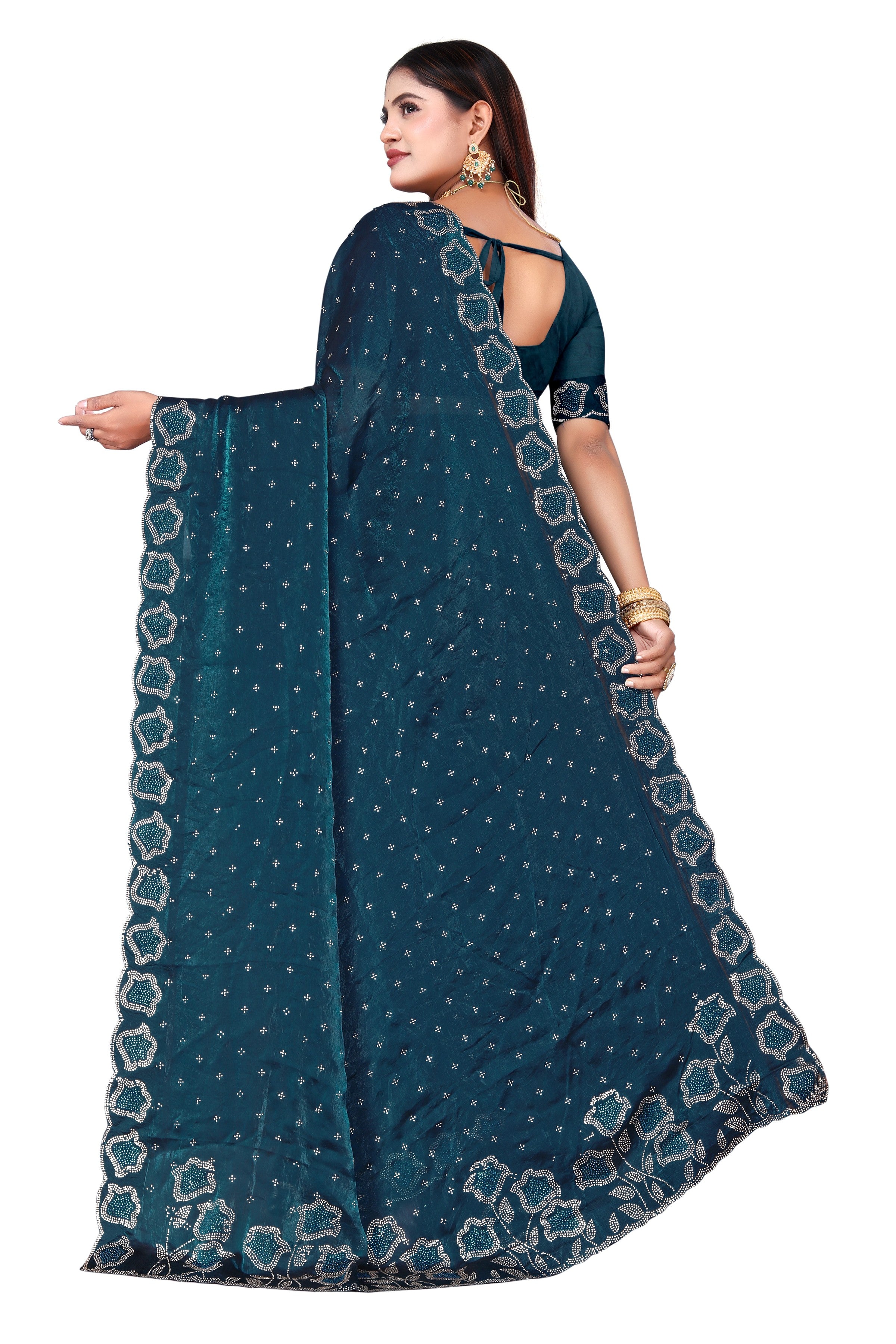 Dark Teal Blue Fenddy Satin Silk Saree with Jarkan Work – Designer Party Wear Saree