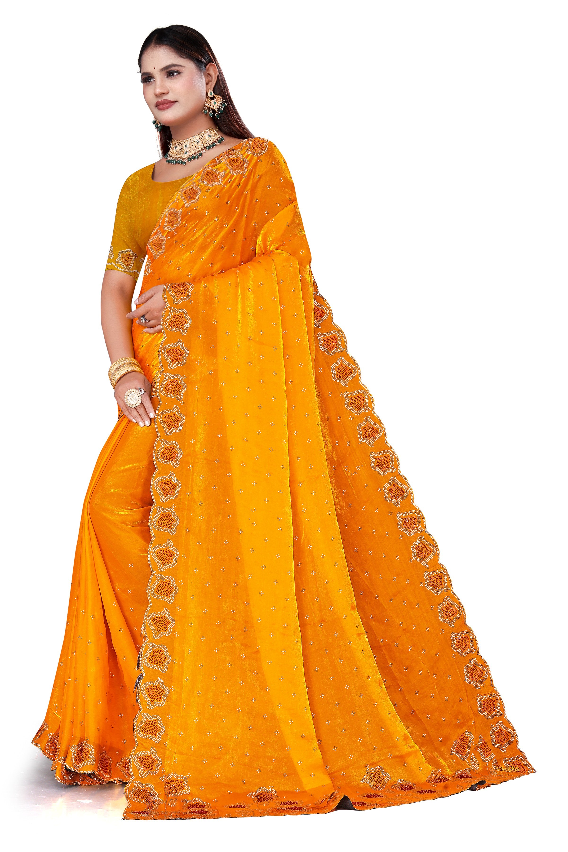 Golden Yellow Fenddy Satin Silk Saree with Jarkan Work – Designer Party Wear Saree