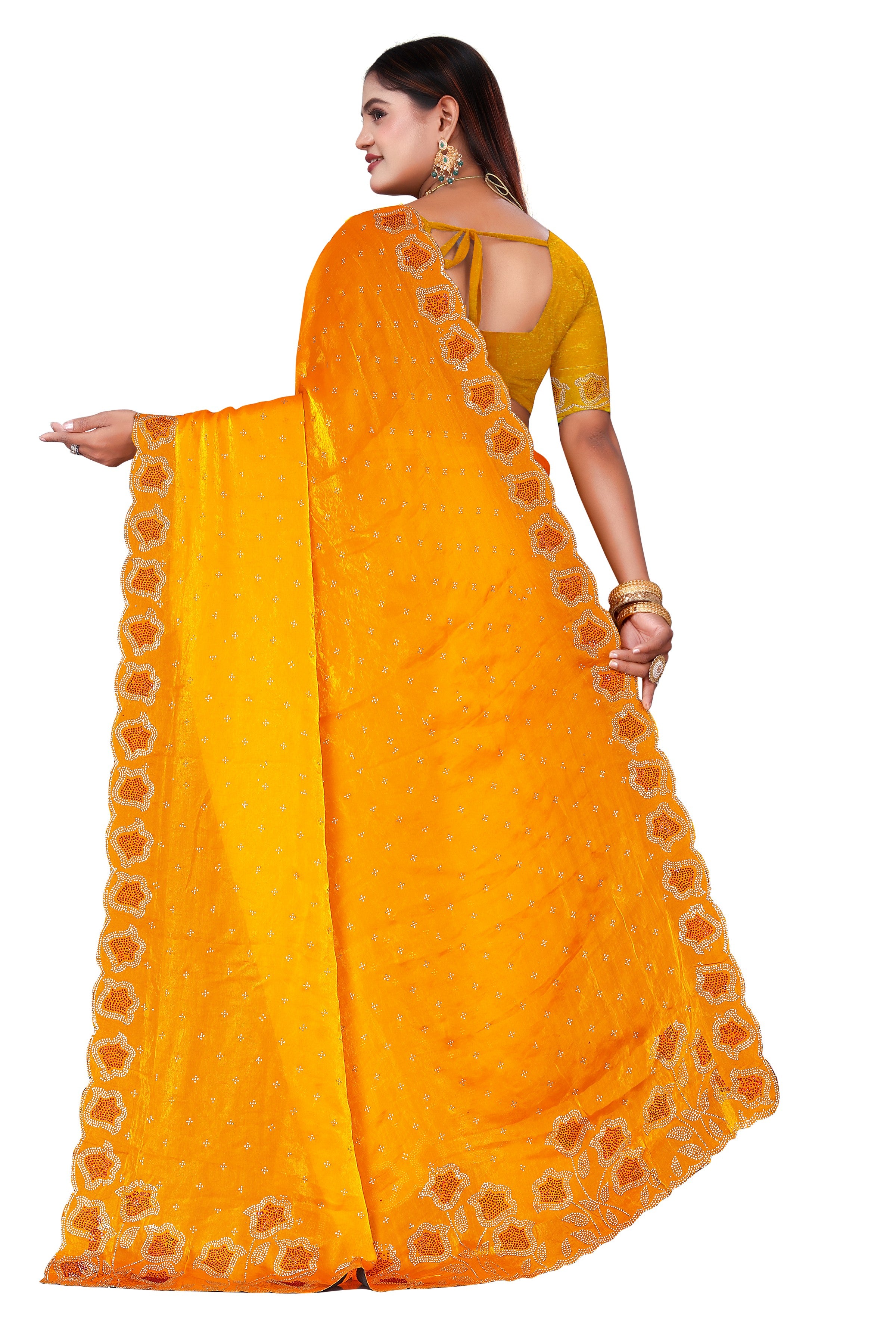 Golden Yellow Fenddy Satin Silk Saree with Jarkan Work – Designer Party Wear Saree