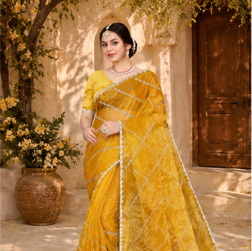 Tissue Silk Saree | Embroidery Work | Lace, Beads & Moti Work