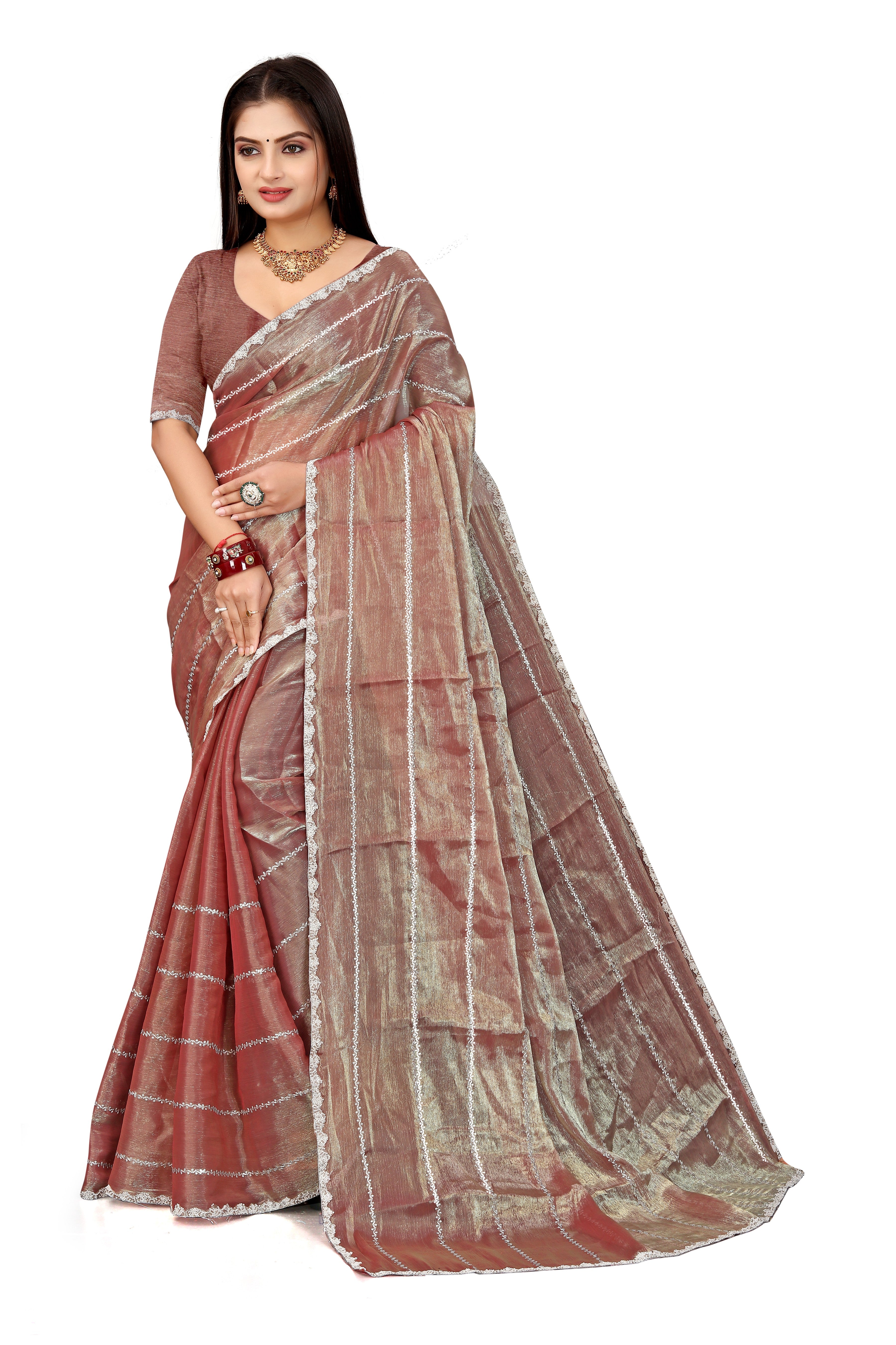 Jimmy Choo Saree with Embroidery Work & Moti Beads Lace Border |Rose Gold