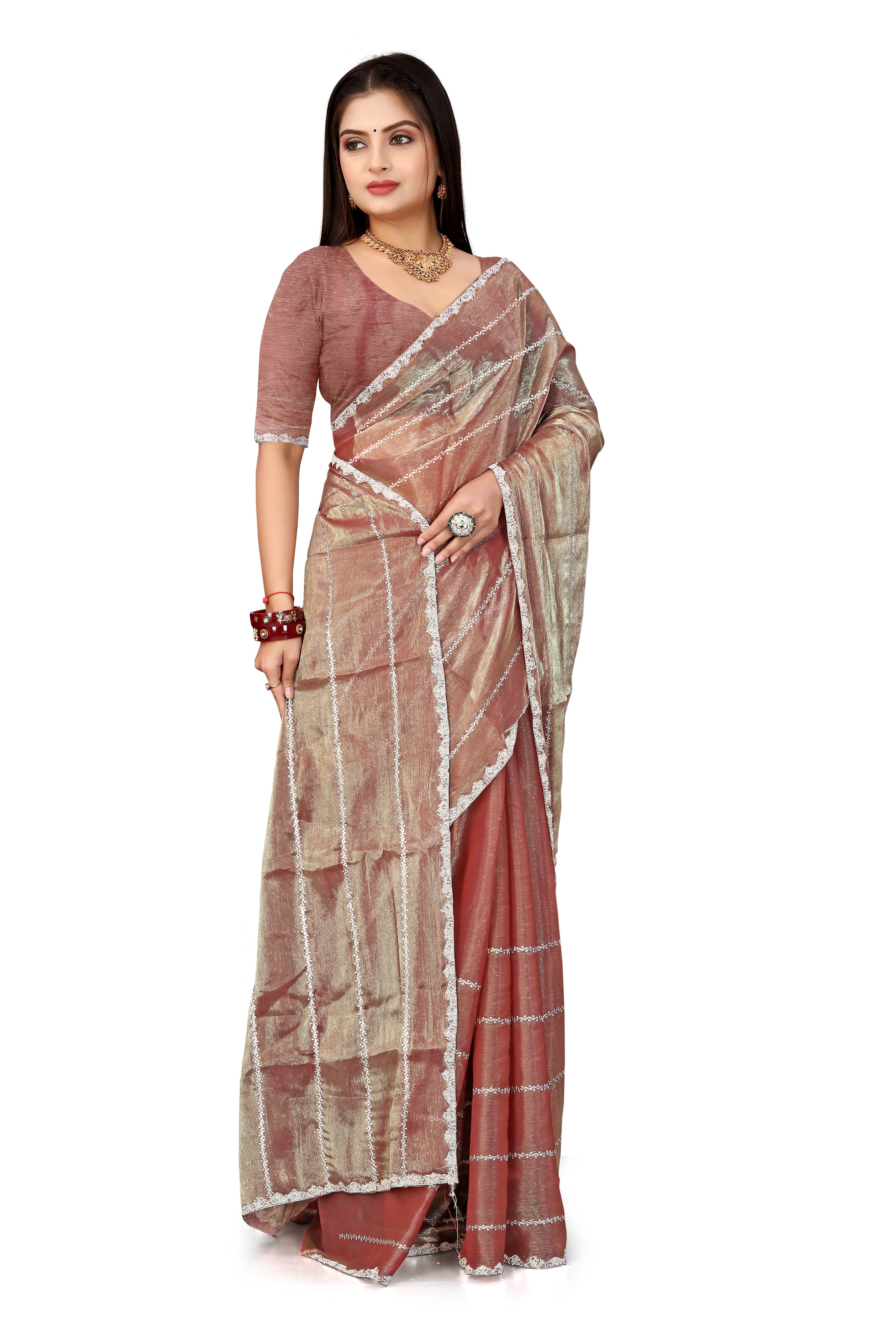 Jimmy Choo Saree with Embroidery Work & Moti Beads Lace Border |Rose Gold