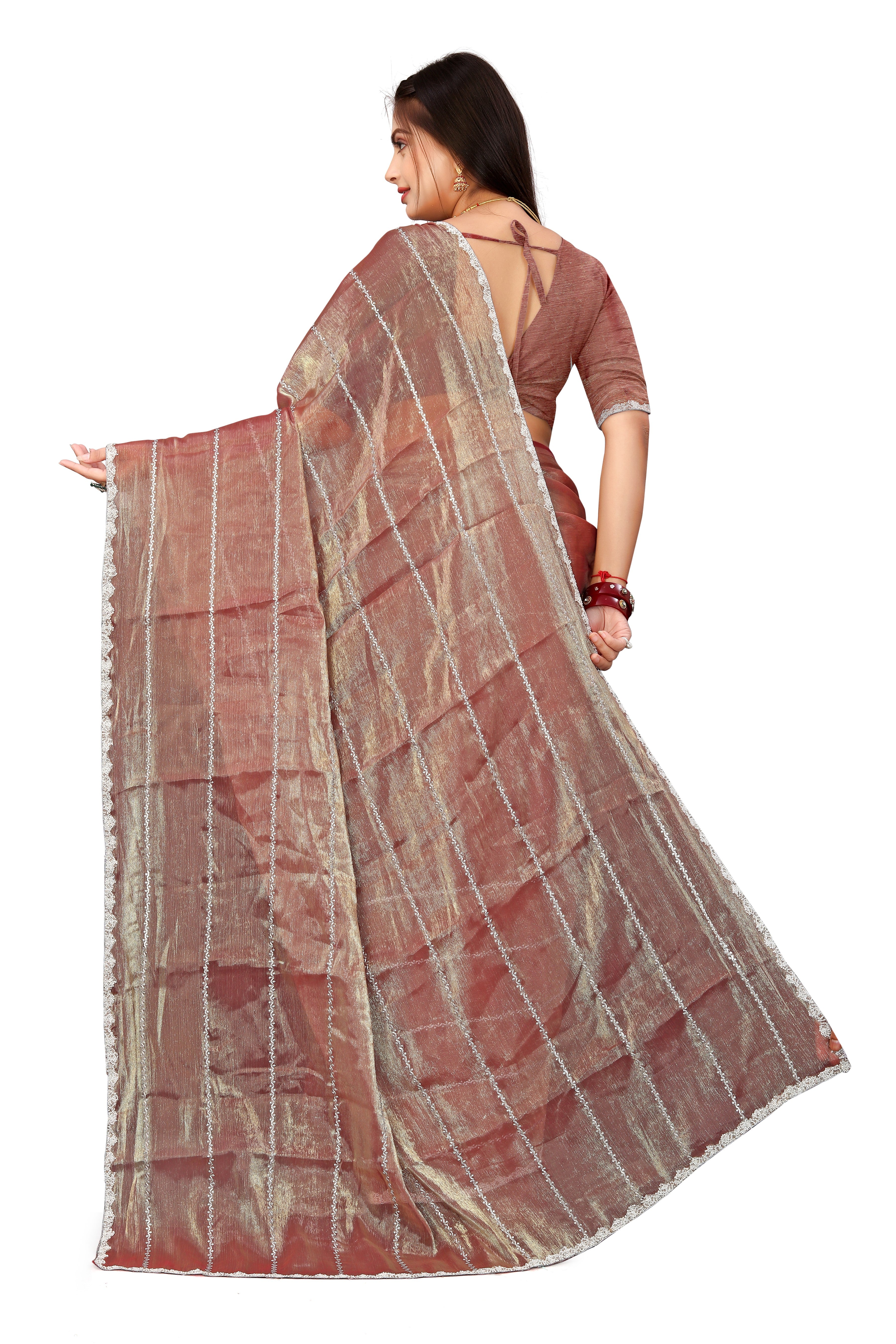 Jimmy Choo Saree with Embroidery Work & Moti Beads Lace Border |Rose Gold