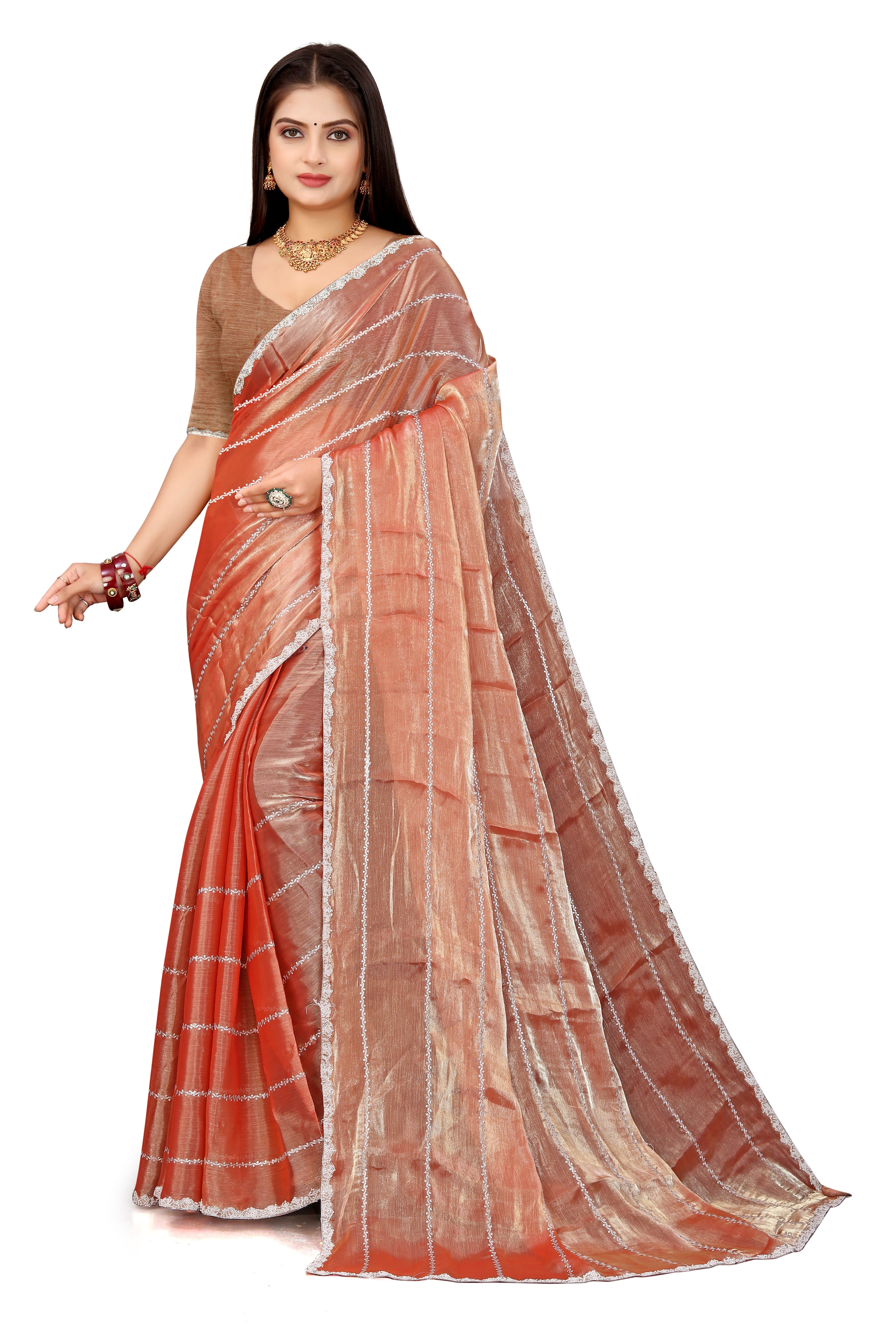 Jimmy Choo Saree with Embroidery Work & Moti Beads Lace Border | Peach Gold