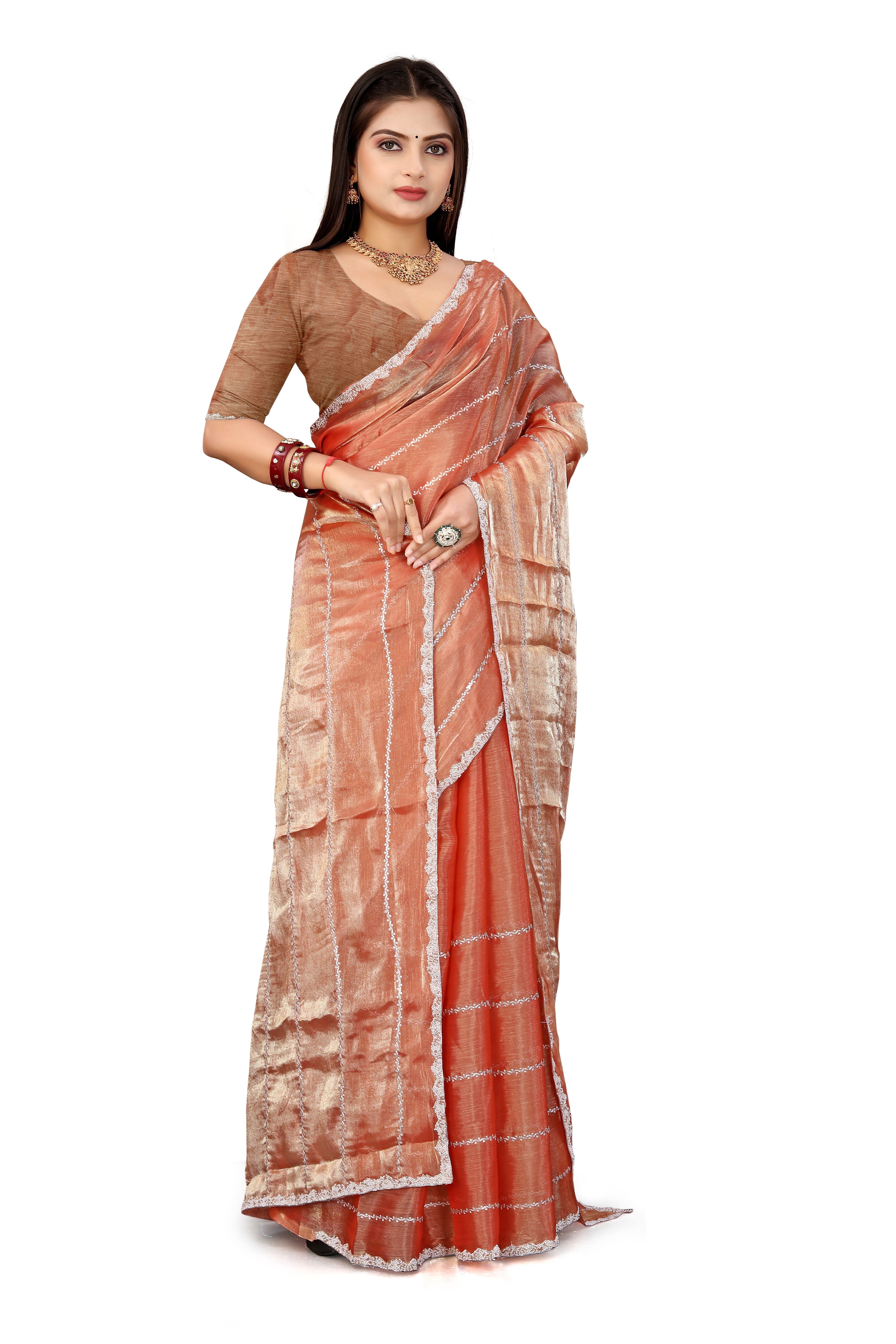 Jimmy Choo Saree with Embroidery Work & Moti Beads Lace Border | Peach Gold