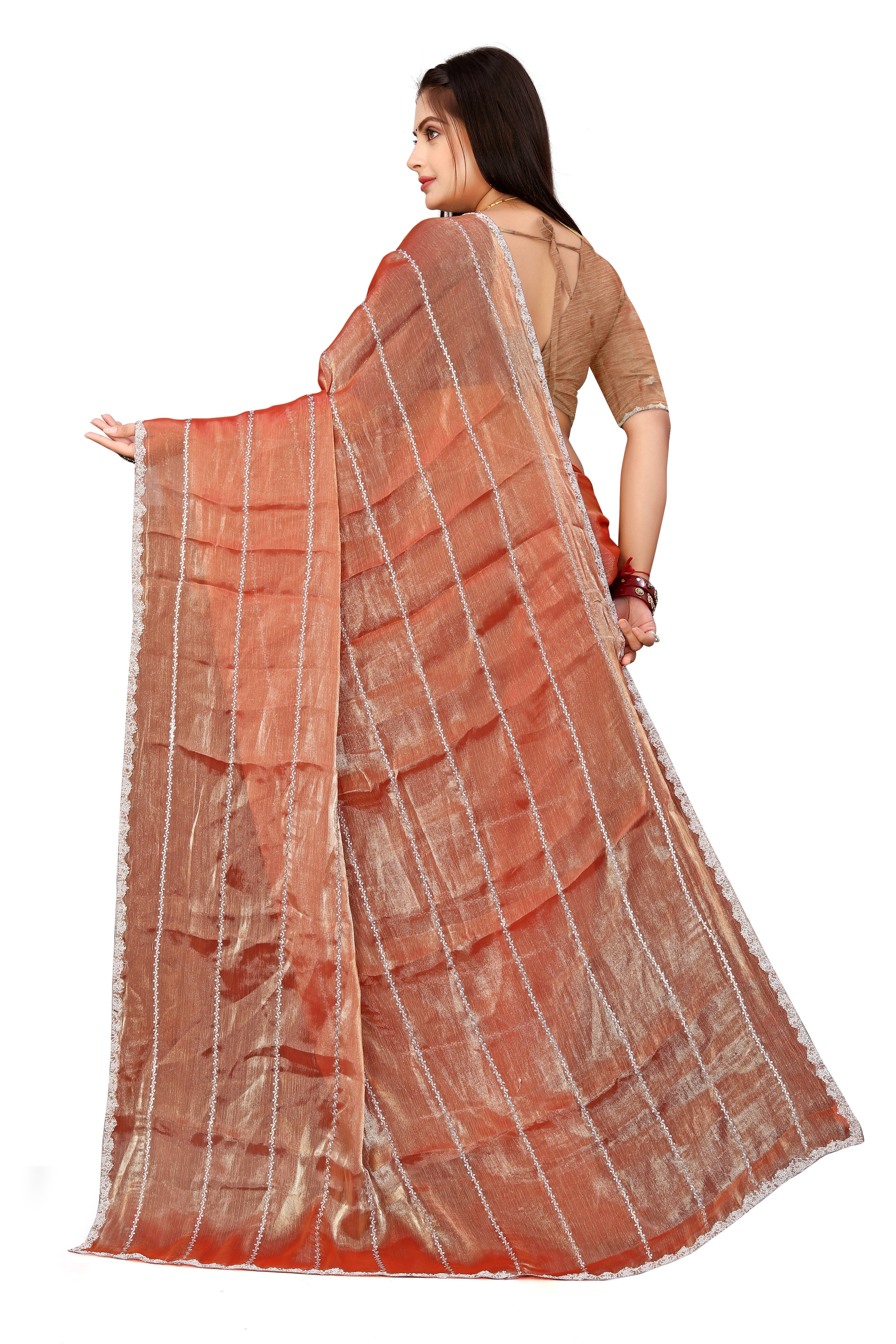 Jimmy Choo Saree with Embroidery Work & Moti Beads Lace Border | Peach Gold