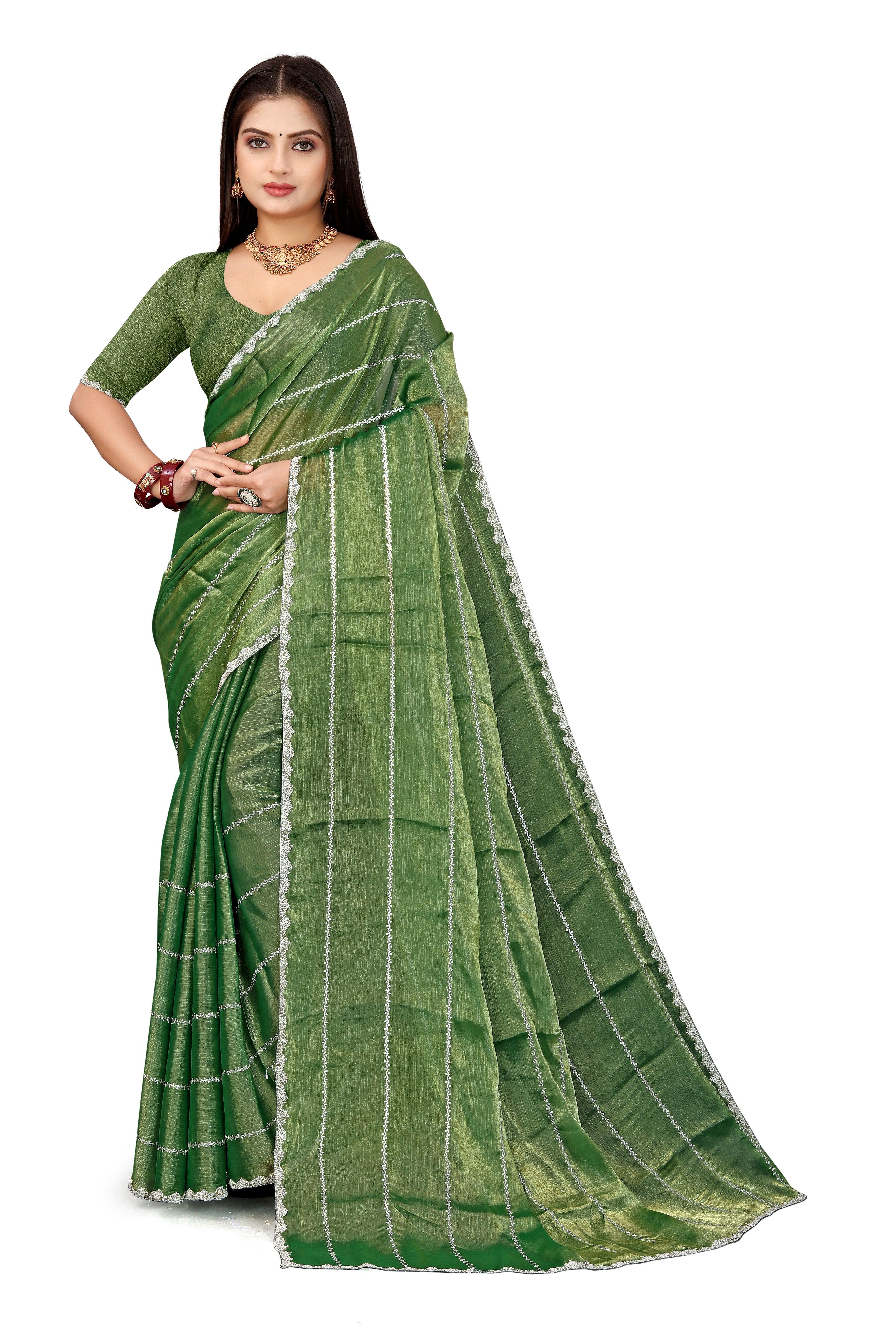 Jimmy Choo Saree with Embroidery Work & Moti Beads Lace Border | Olive Green