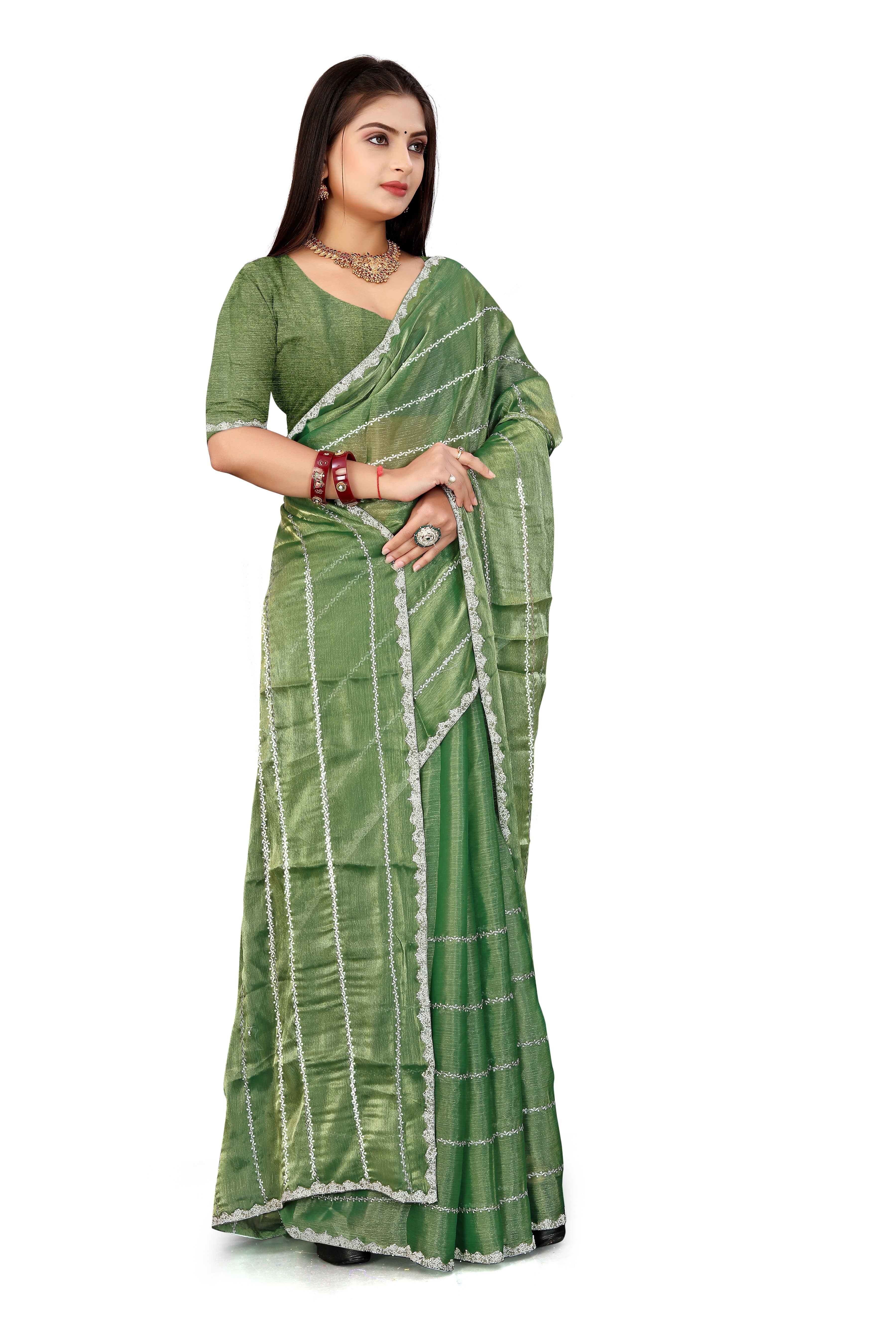 Jimmy Choo Saree with Embroidery Work & Moti Beads Lace Border | Olive Green