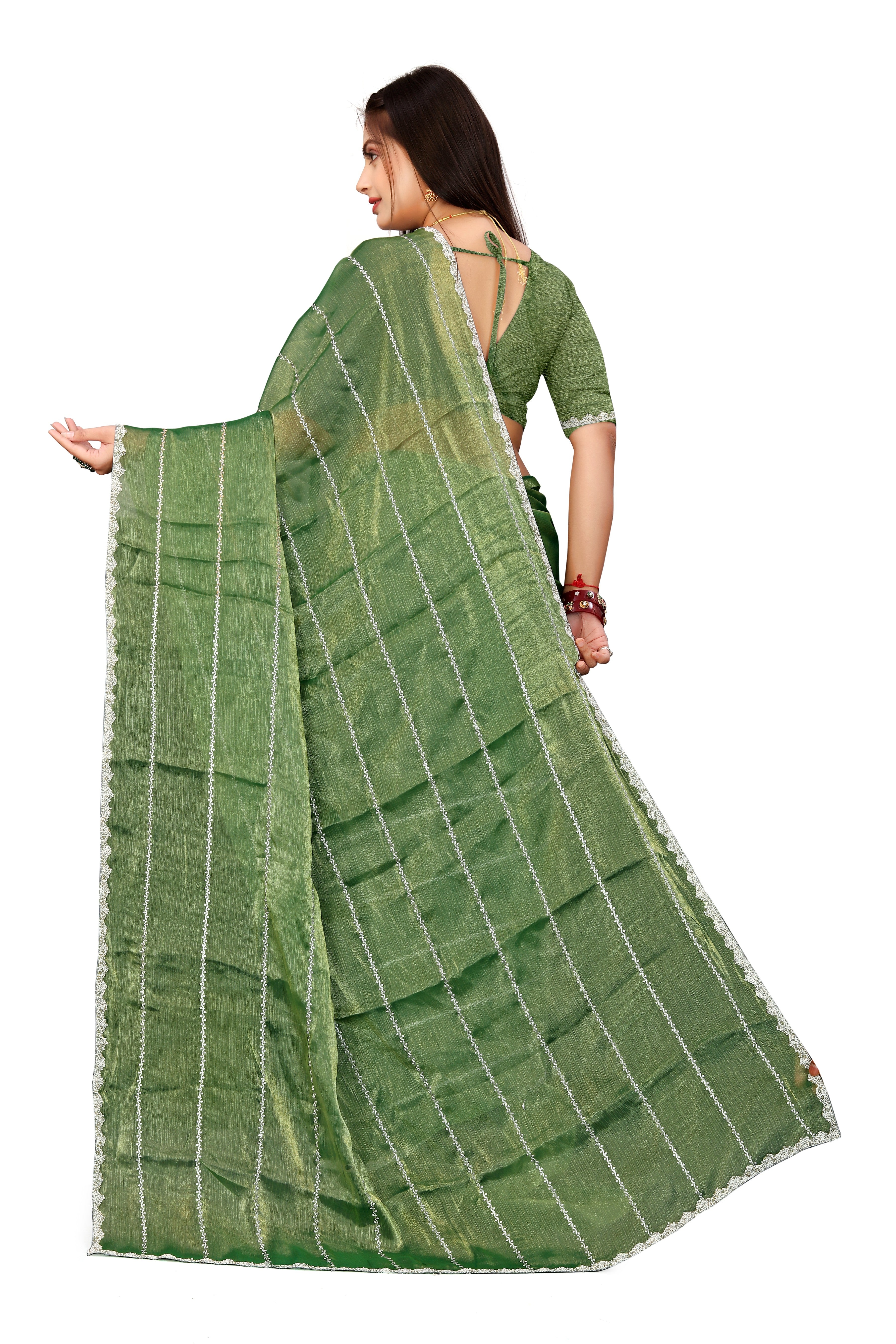 Jimmy Choo Saree with Embroidery Work & Moti Beads Lace Border | Olive Green