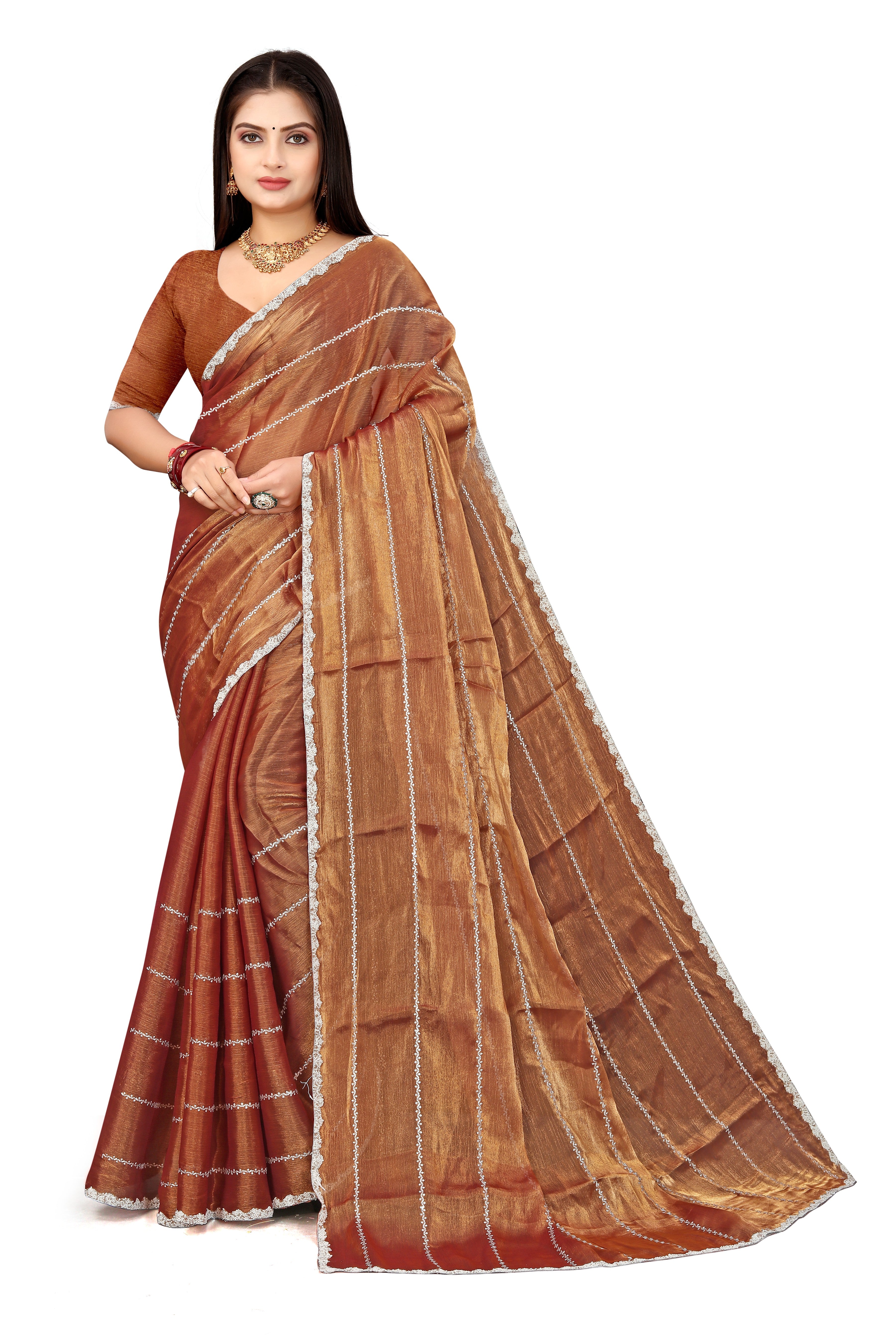 Jimmy Choo Saree with Embroidery Work & Moti Beads Lace Border | Copper Brown
