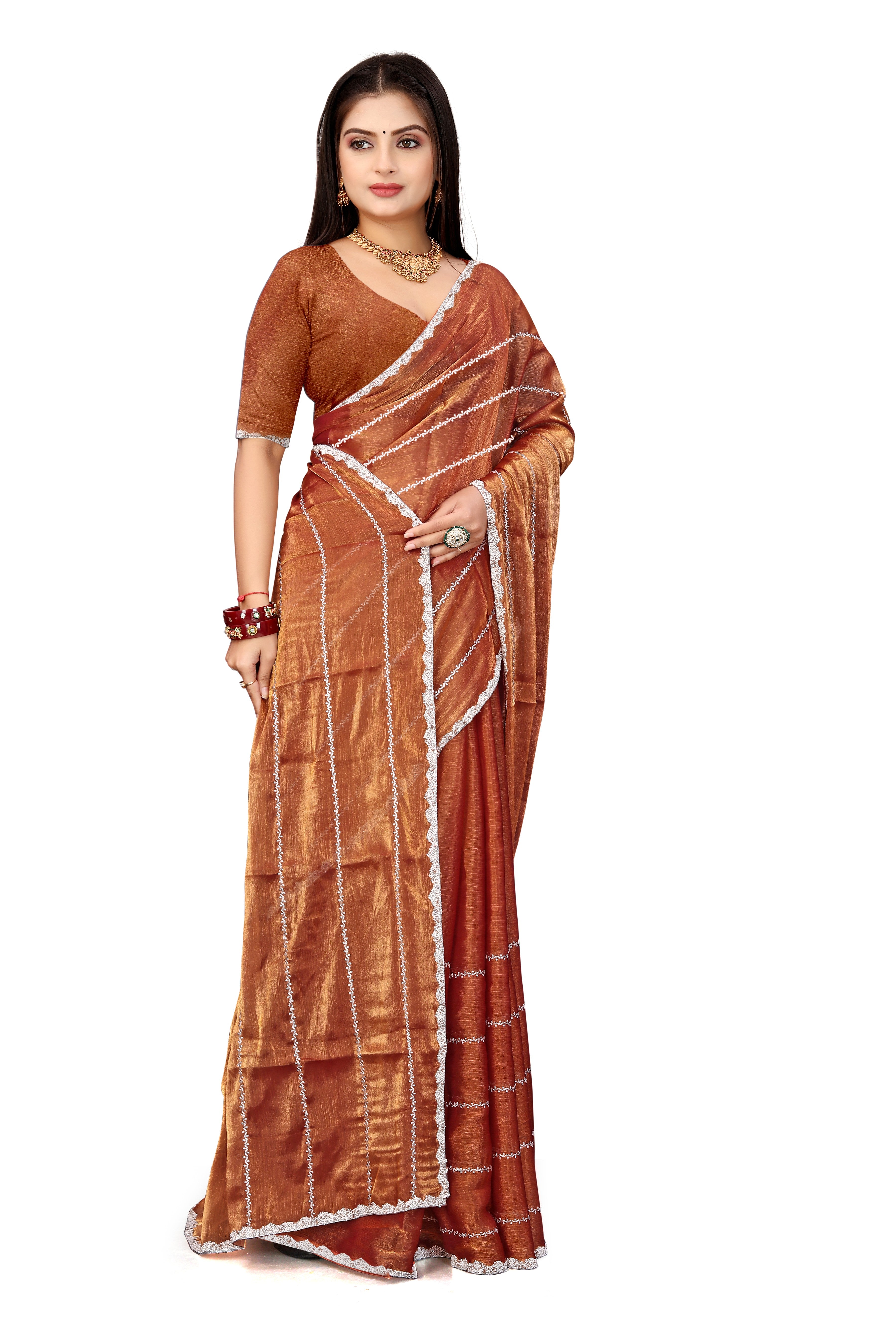 Jimmy Choo Saree with Embroidery Work & Moti Beads Lace Border | Copper Brown