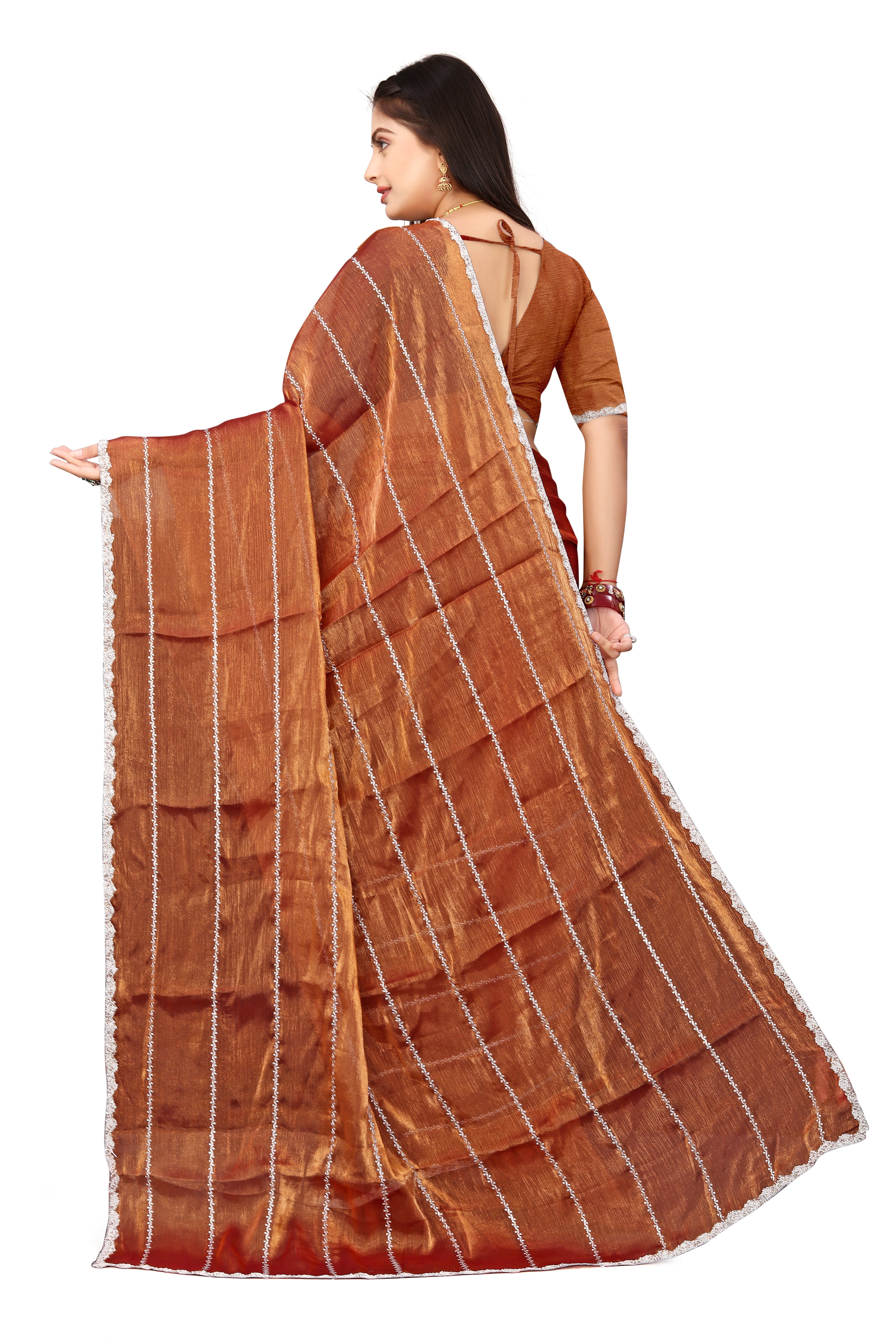 Jimmy Choo Saree with Embroidery Work & Moti Beads Lace Border | Copper Brown