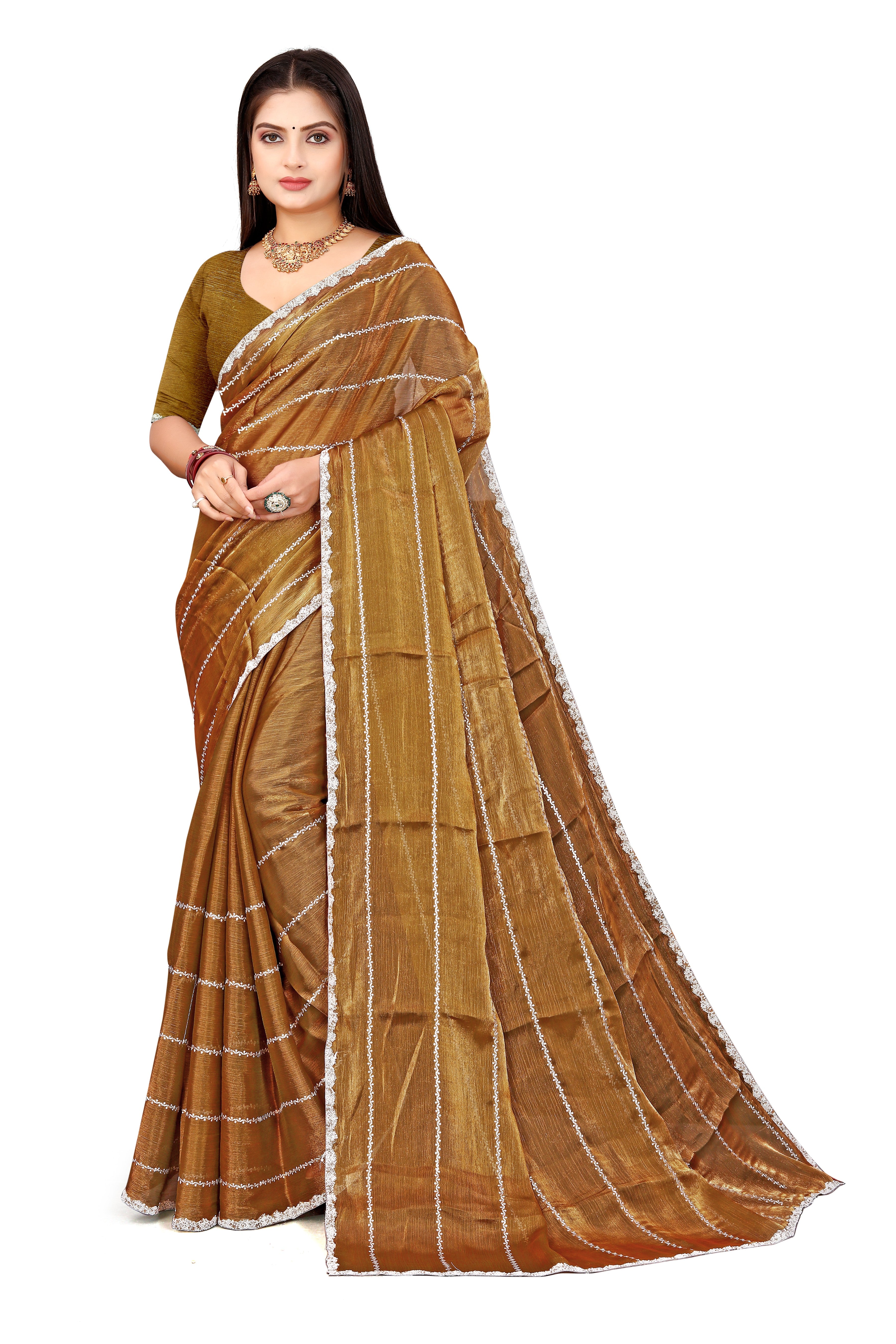 Jimmy Choo Saree with Embroidery Work & Moti Beads Lace Border | Antique Gold