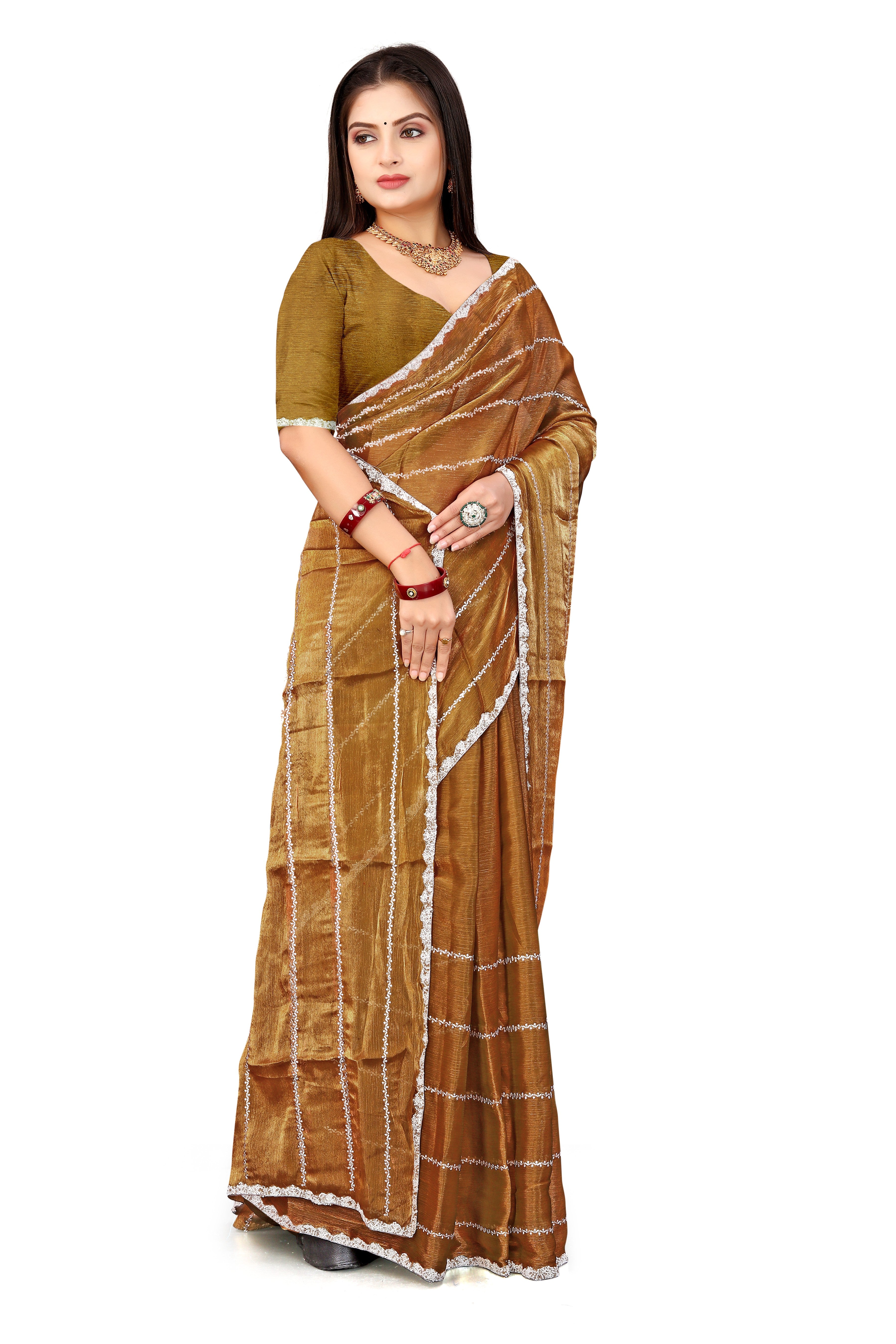 Jimmy Choo Saree with Embroidery Work & Moti Beads Lace Border | Antique Gold
