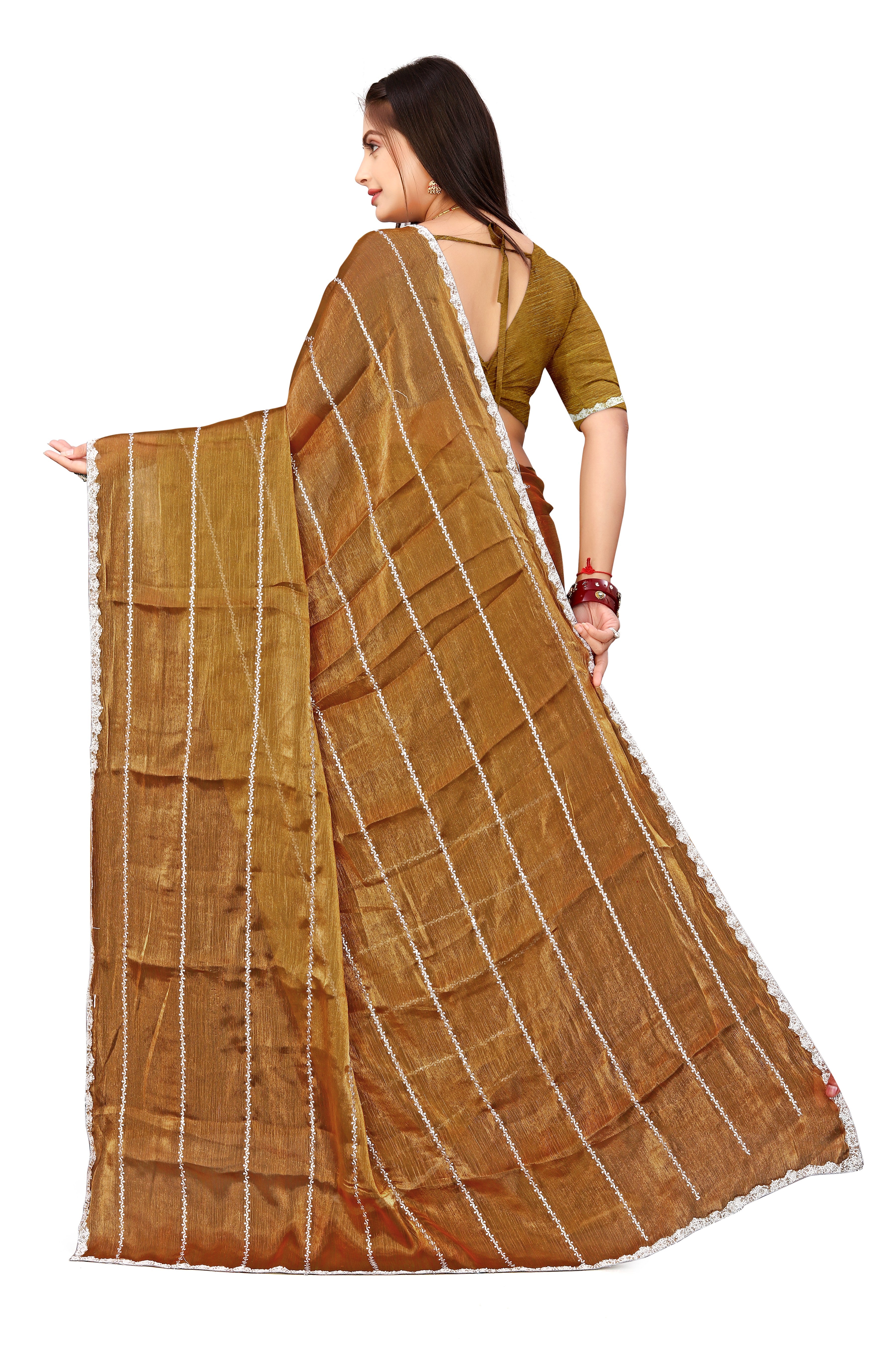 Jimmy Choo Saree with Embroidery Work & Moti Beads Lace Border | Antique Gold