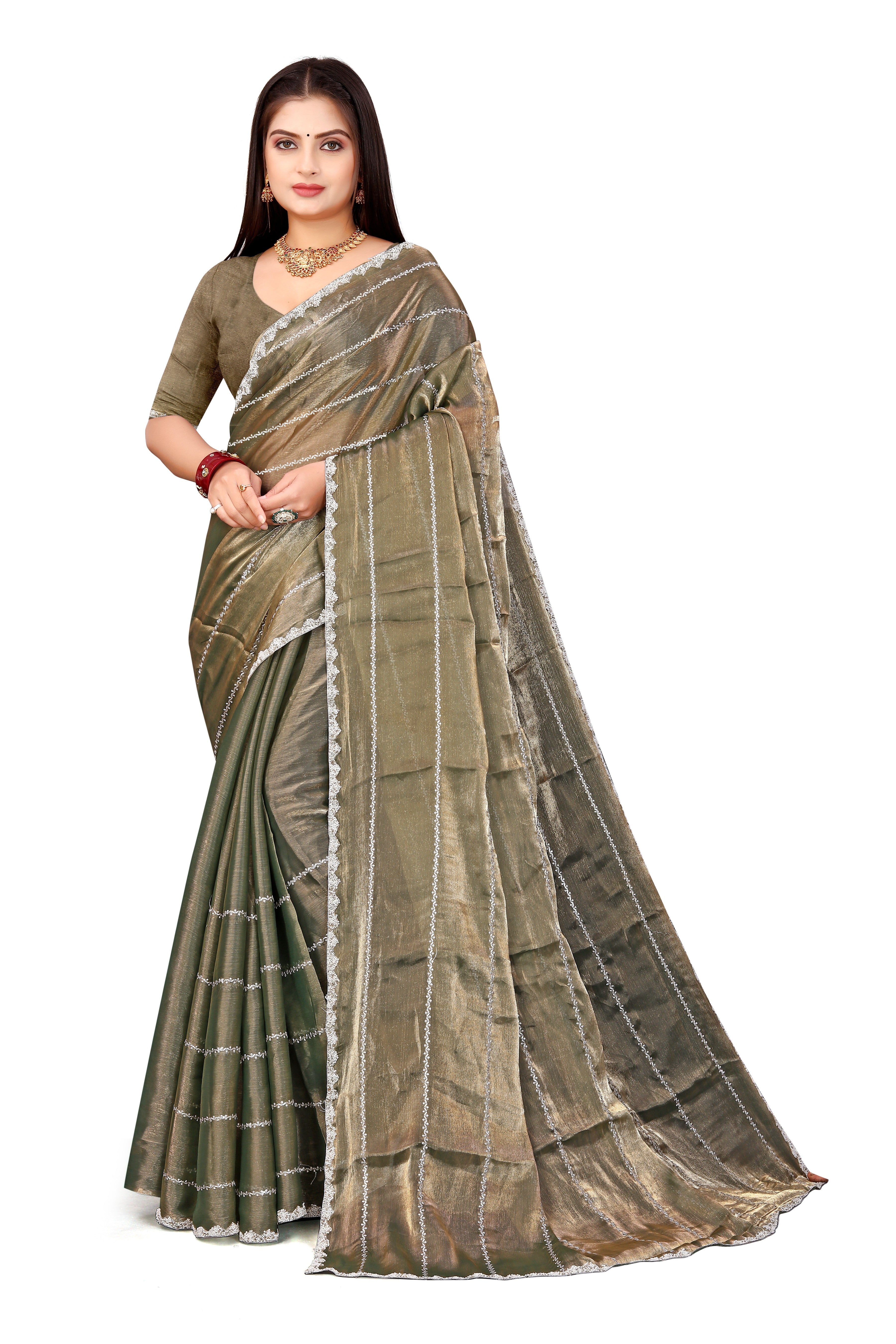 Jimmy Choo Saree with Embroidery Work & Moti Beads Lace Border | Khaki Grey