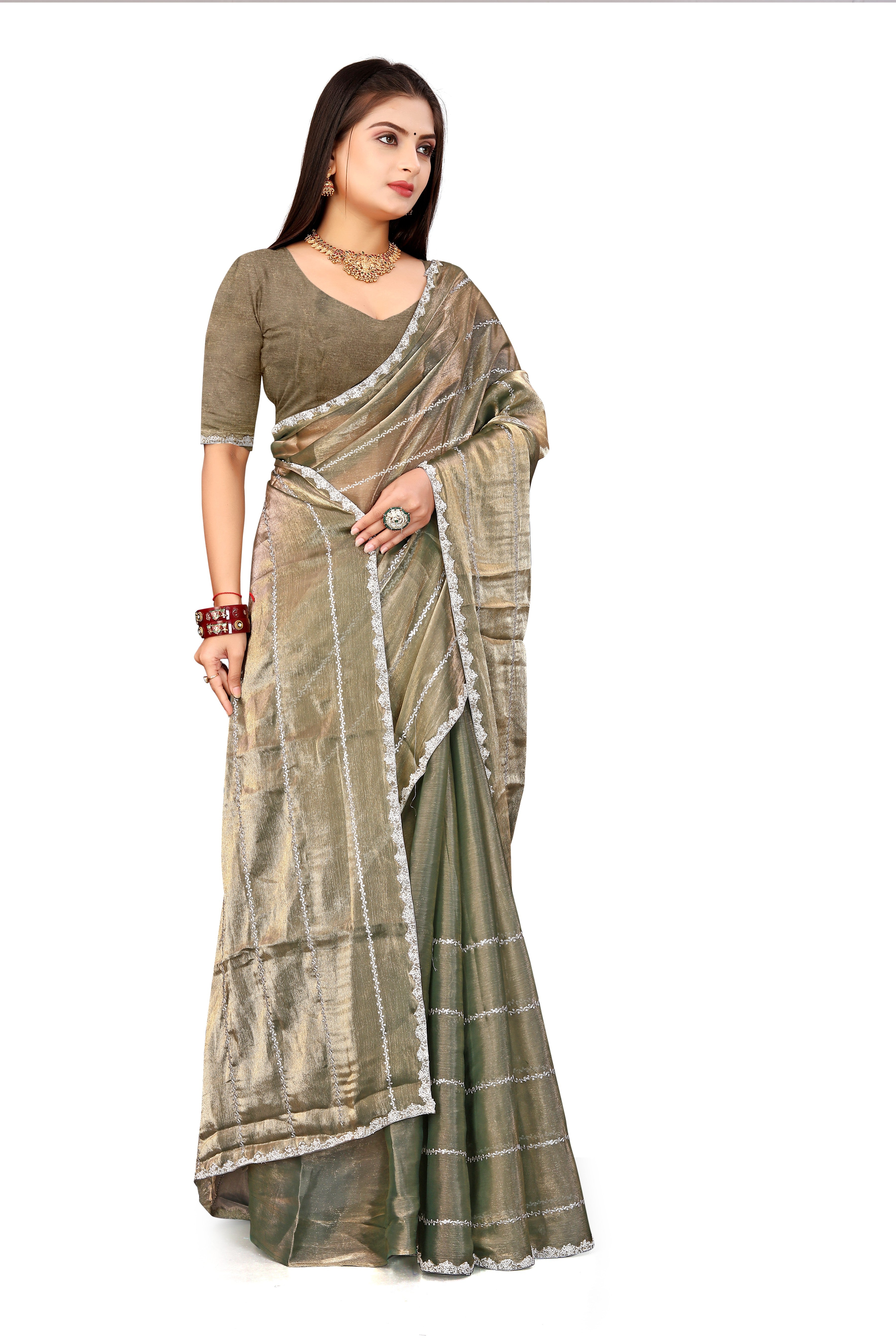 Jimmy Choo Saree with Embroidery Work & Moti Beads Lace Border | Khaki Grey