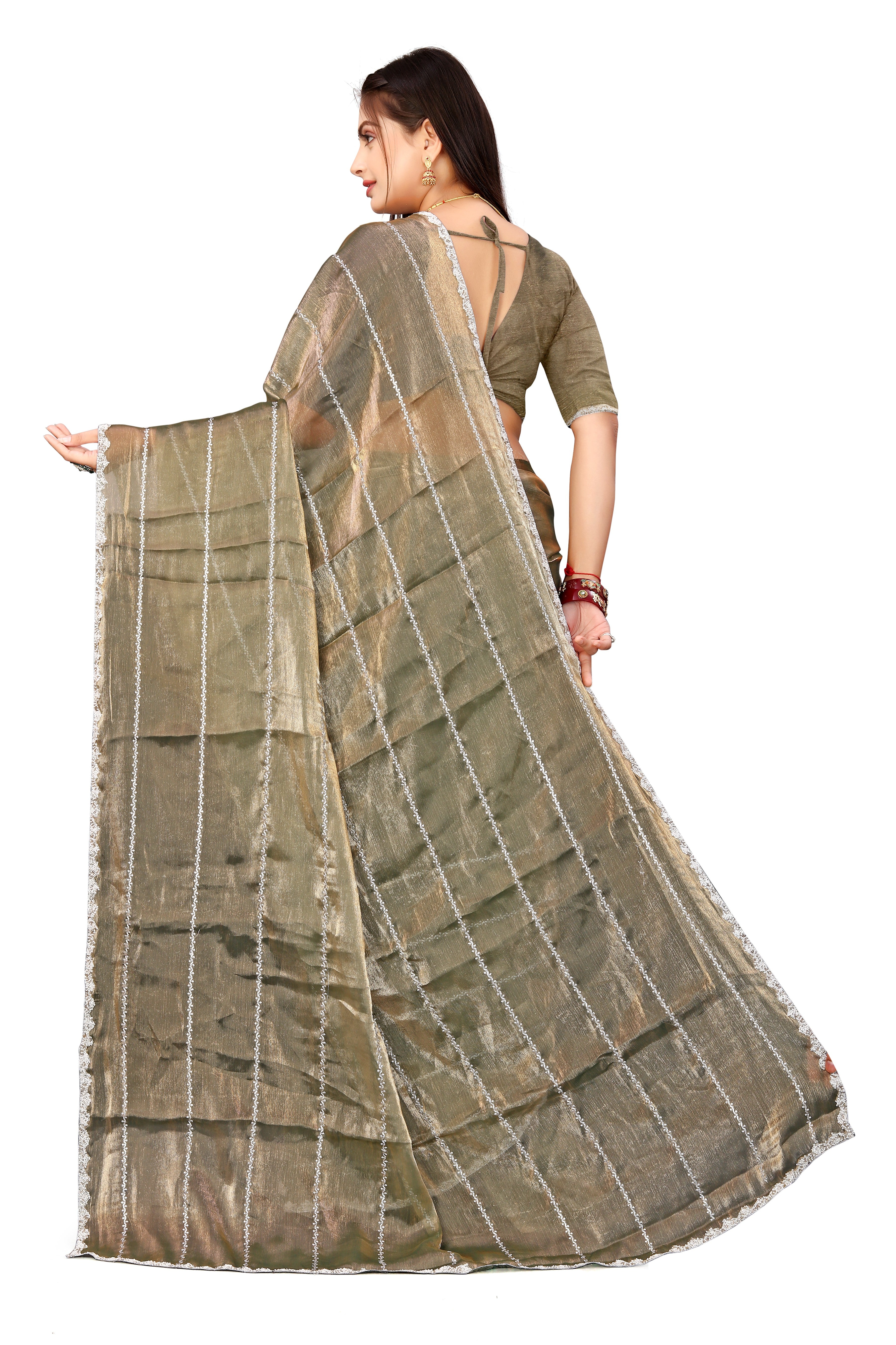 Jimmy Choo Saree with Embroidery Work & Moti Beads Lace Border | Khaki Grey