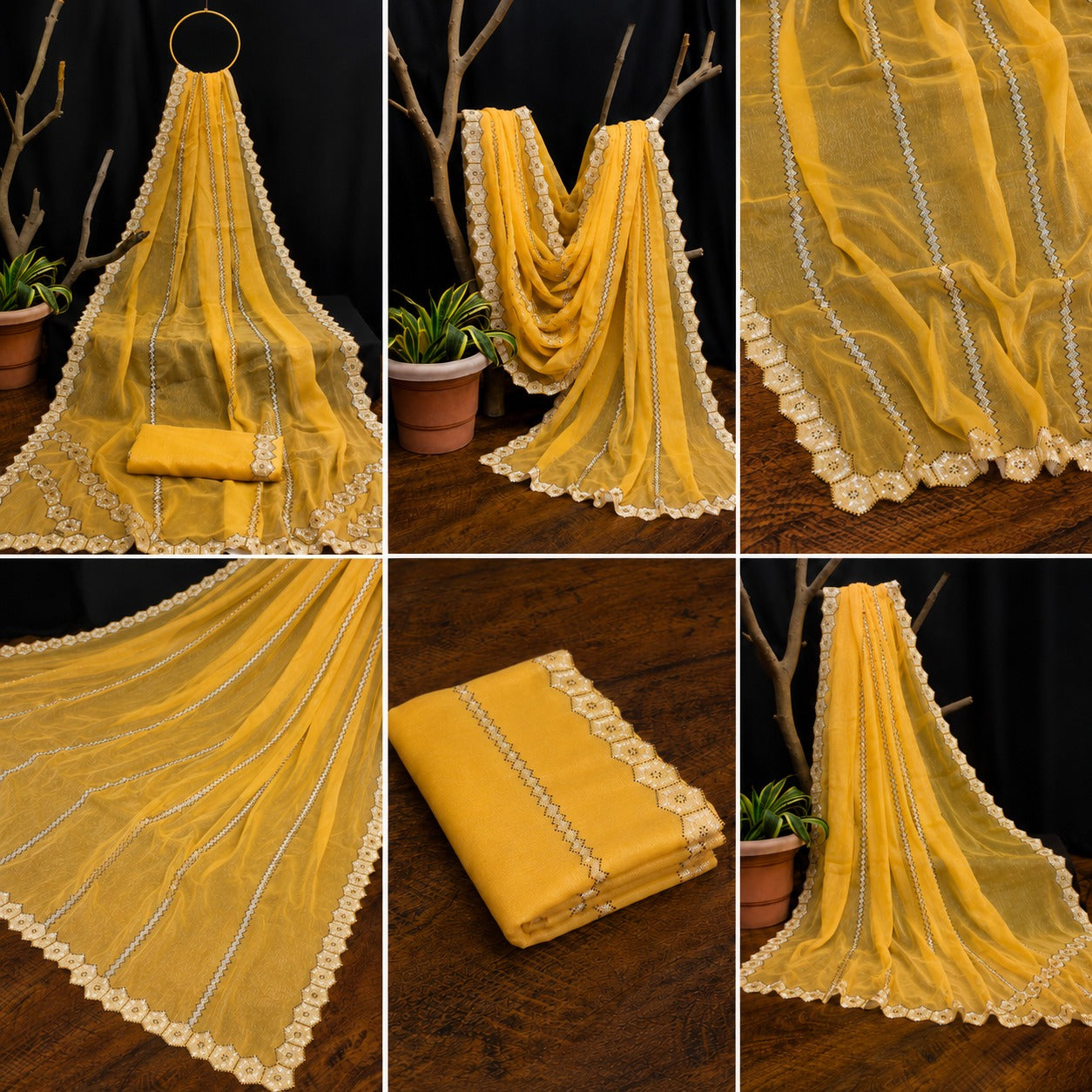 Premium Simmer Chiffon Silk Saree with Siroski Work Blouse | Mustard Gold