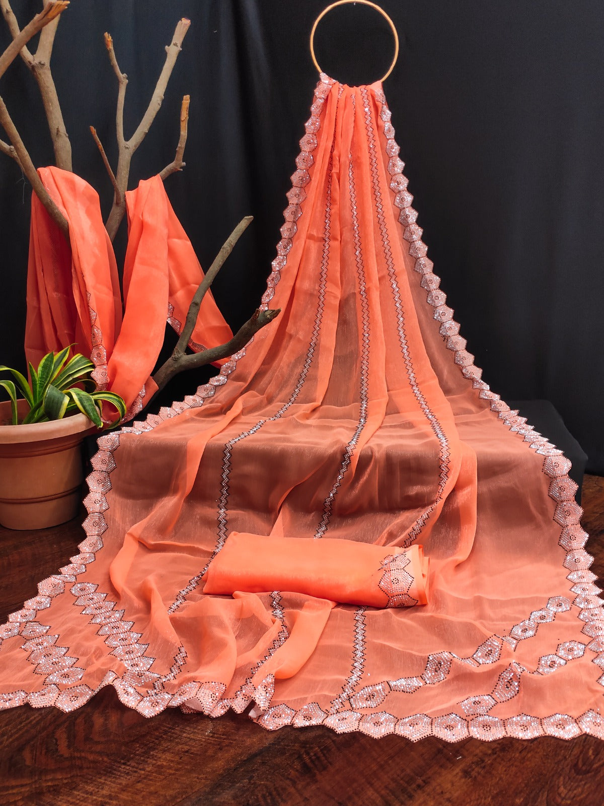 Premium Simmer Chiffon Silk Saree with Siroski Work Blouse | Rose Pink