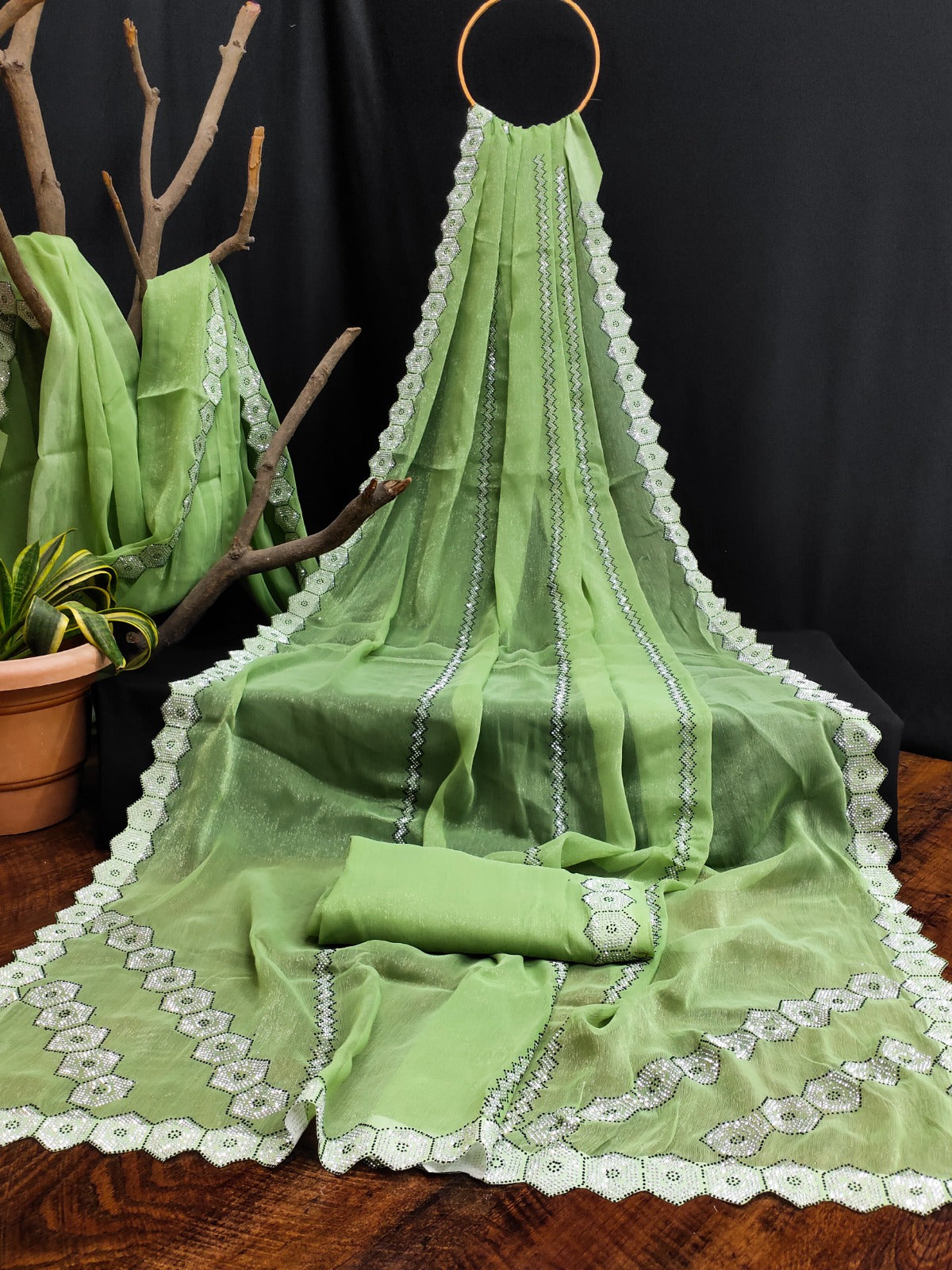 Premium Simmer Chiffon Silk Saree with Siroski Work Blouse | Royal Lavender