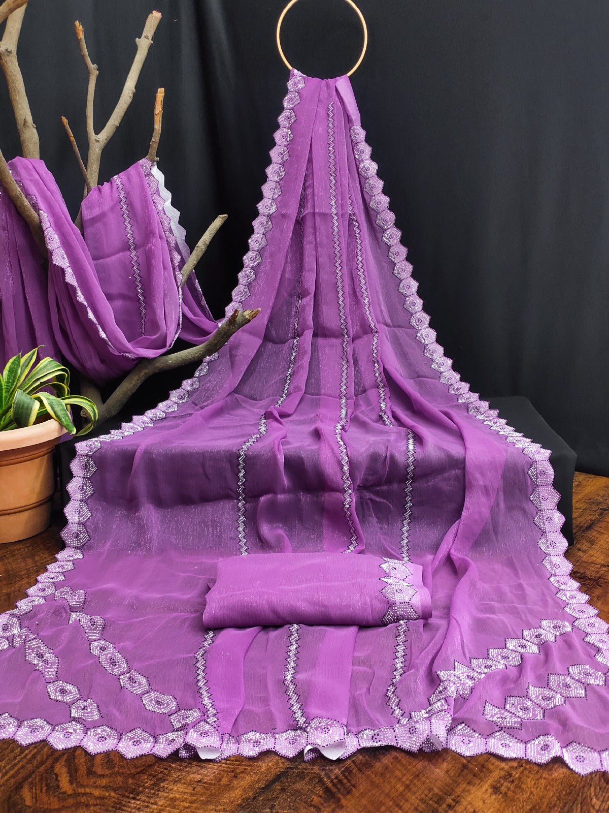 Premium Simmer Chiffon Silk Saree with Siroski Work Blouse | Royal Lavender