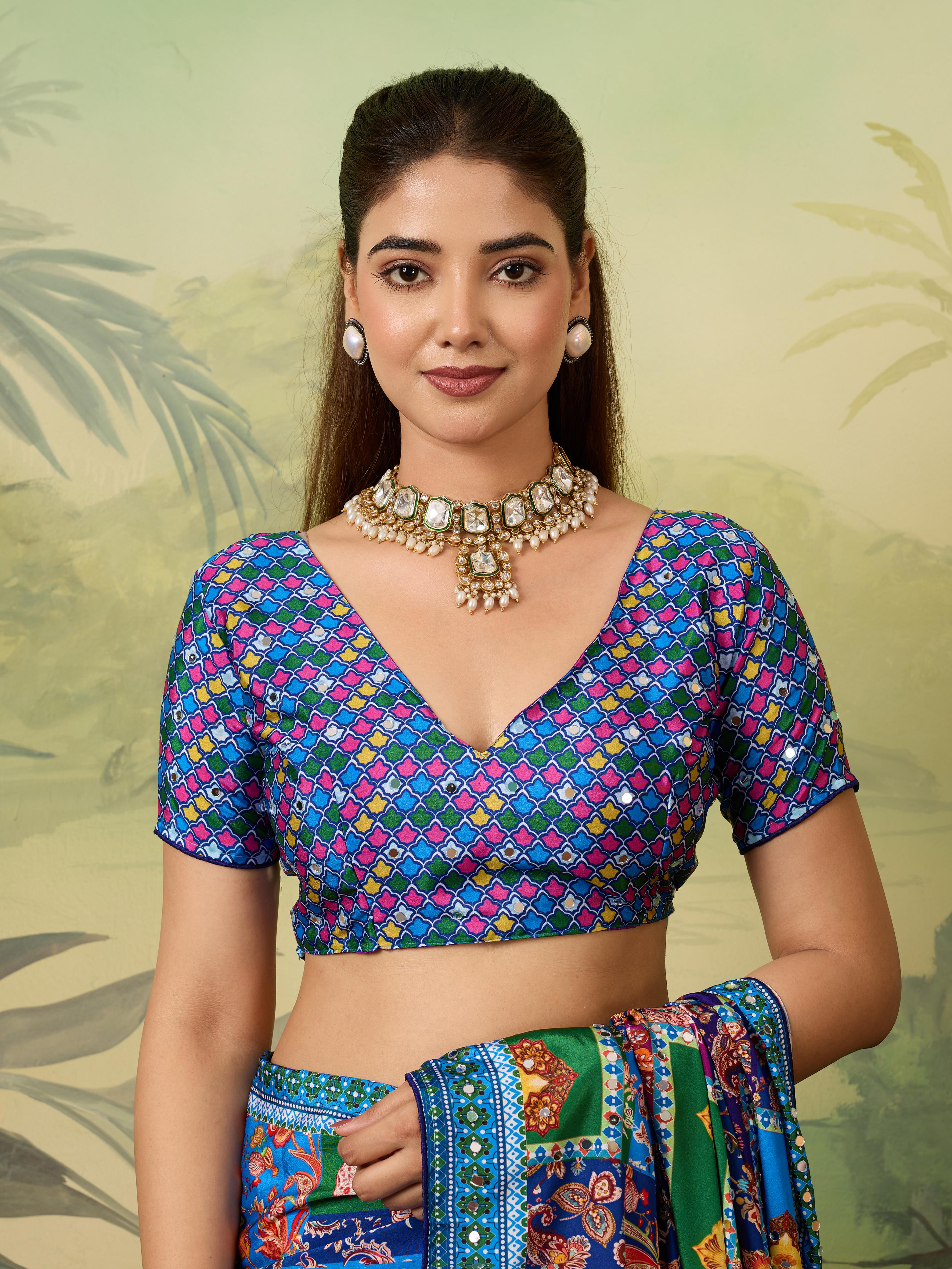 Silk Bollywood Saree with Mirror Work – Multicolor Digital Print Saree with Fancy Blouse