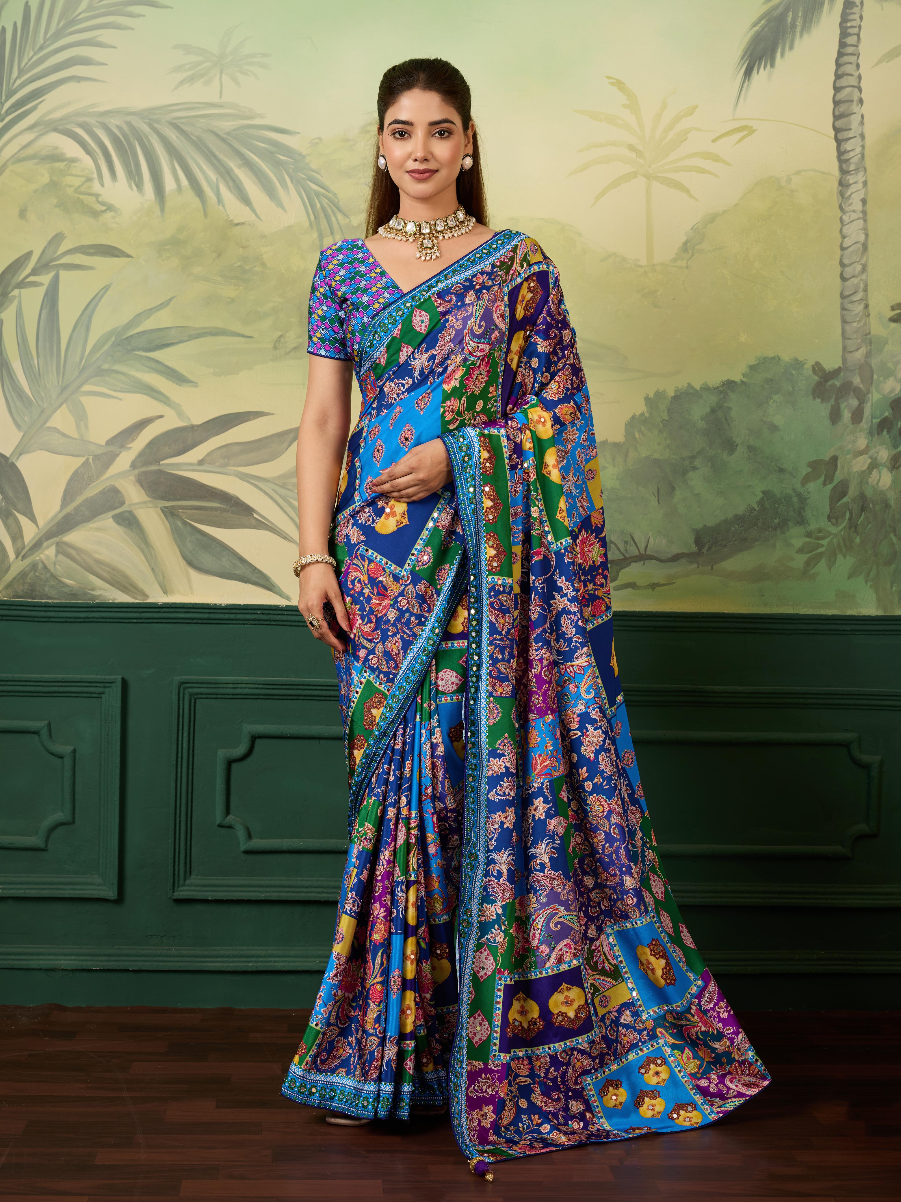 Silk Bollywood Saree with Mirror Work – Multicolor Digital Print Saree with Fancy Blouse
